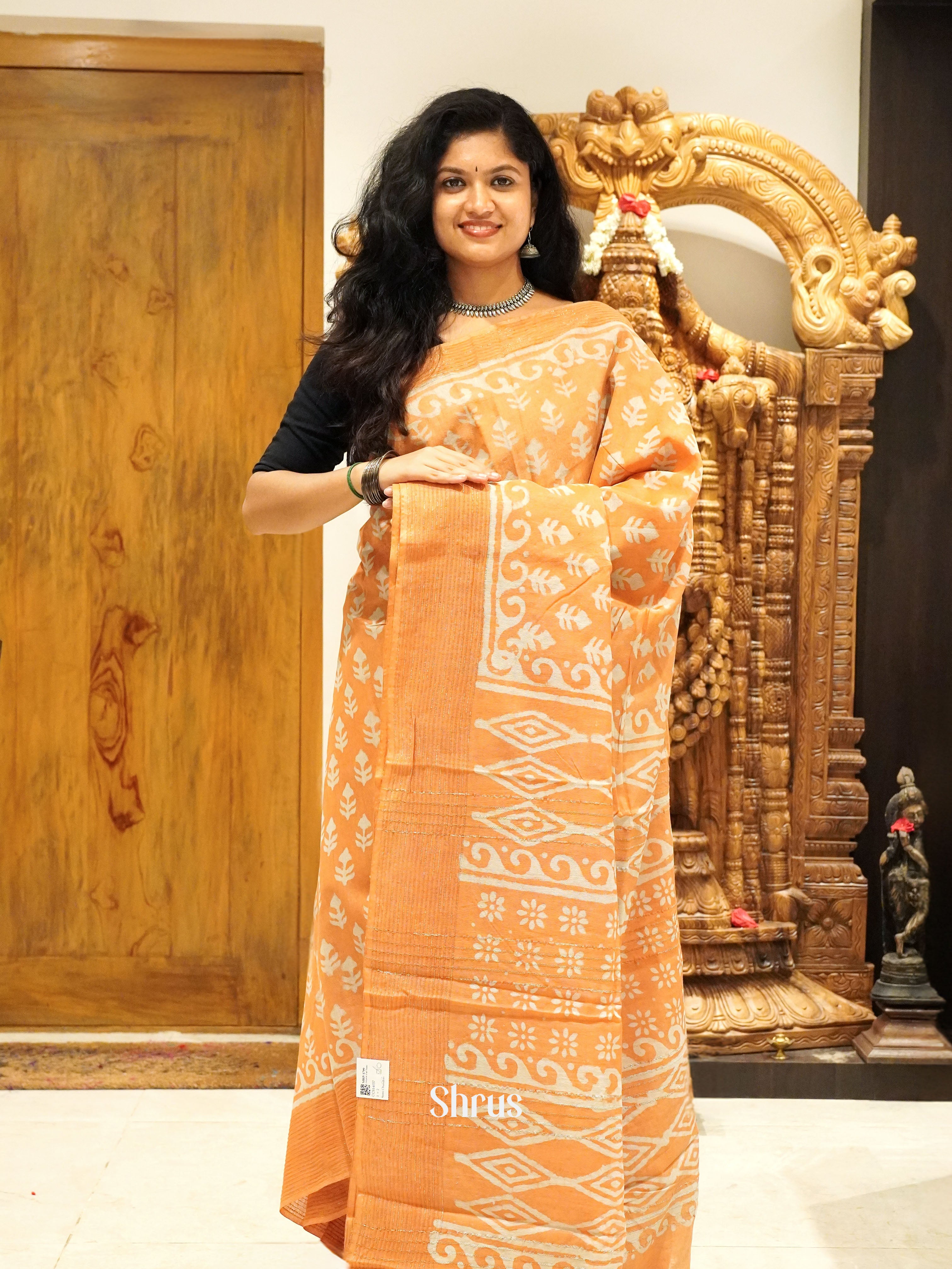 Orange(Single Tone) - Semi Chanderi Saree - Shop on ShrusEternity.com