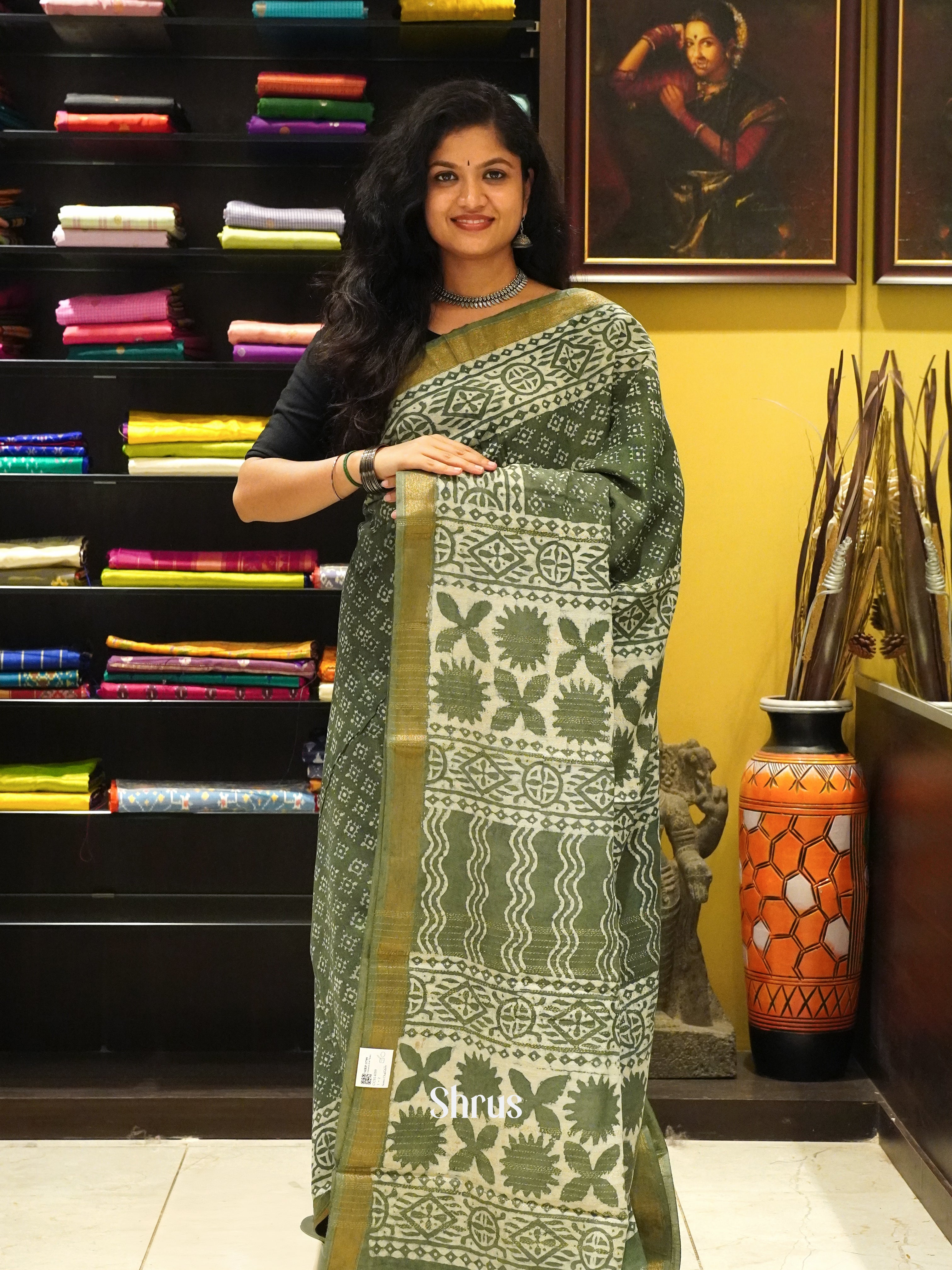 Green(Single Tone) - Semi Chanderi Saree - Shop on ShrusEternity.com