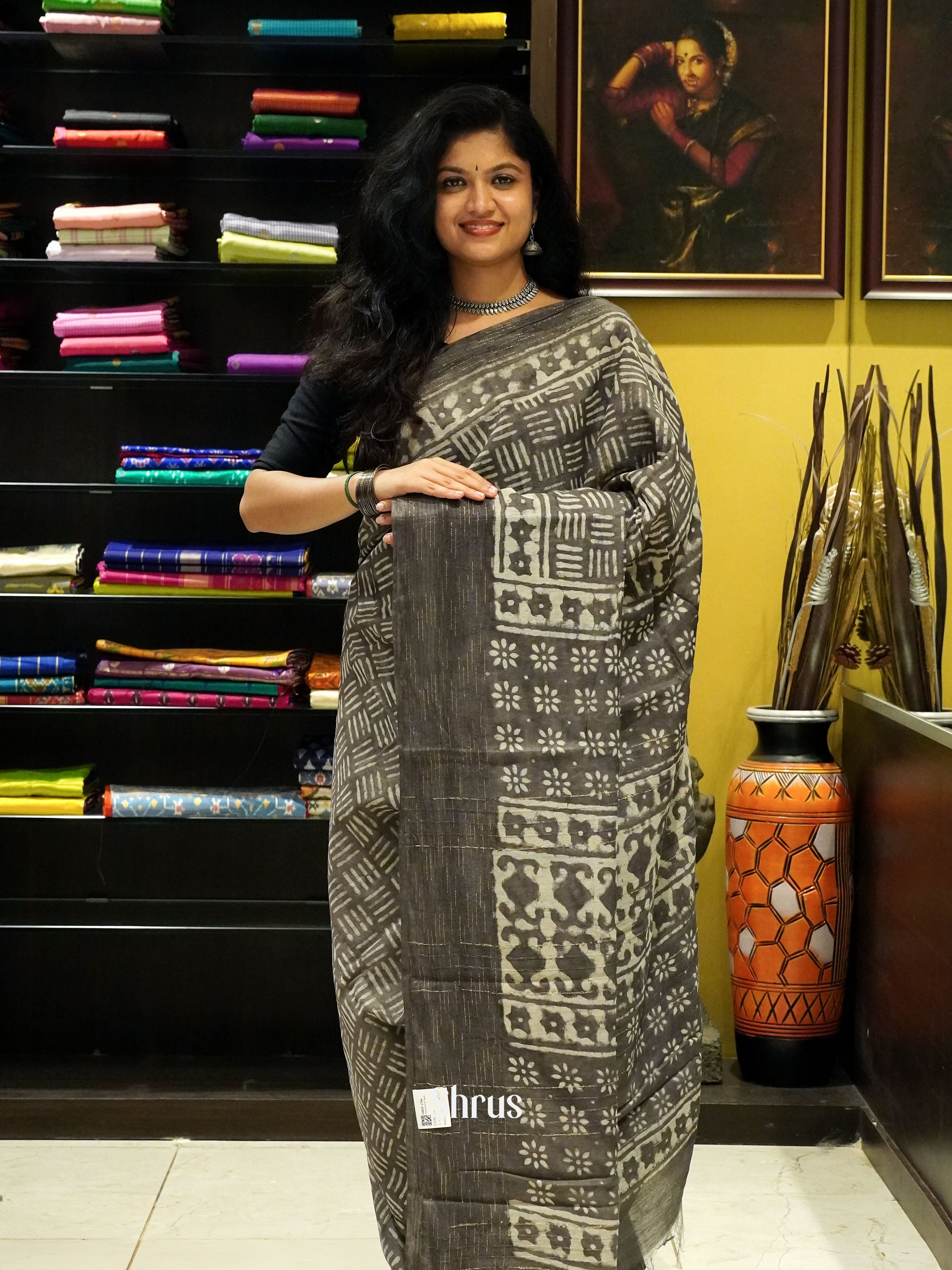 Grey(Single Tone) - Semi Chanderi Saree - Shop on ShrusEternity.com