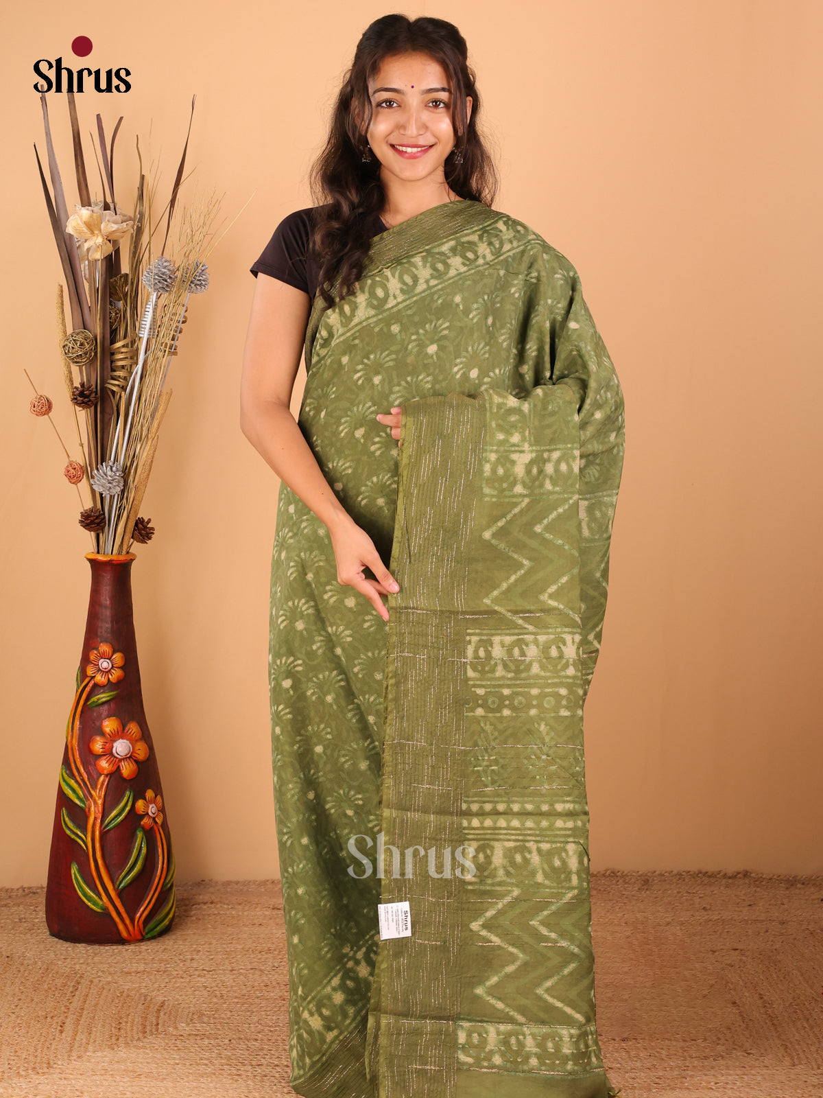 Olive green - Semi Chanderi - CCS14066 - Shop on ShrusEternity.com