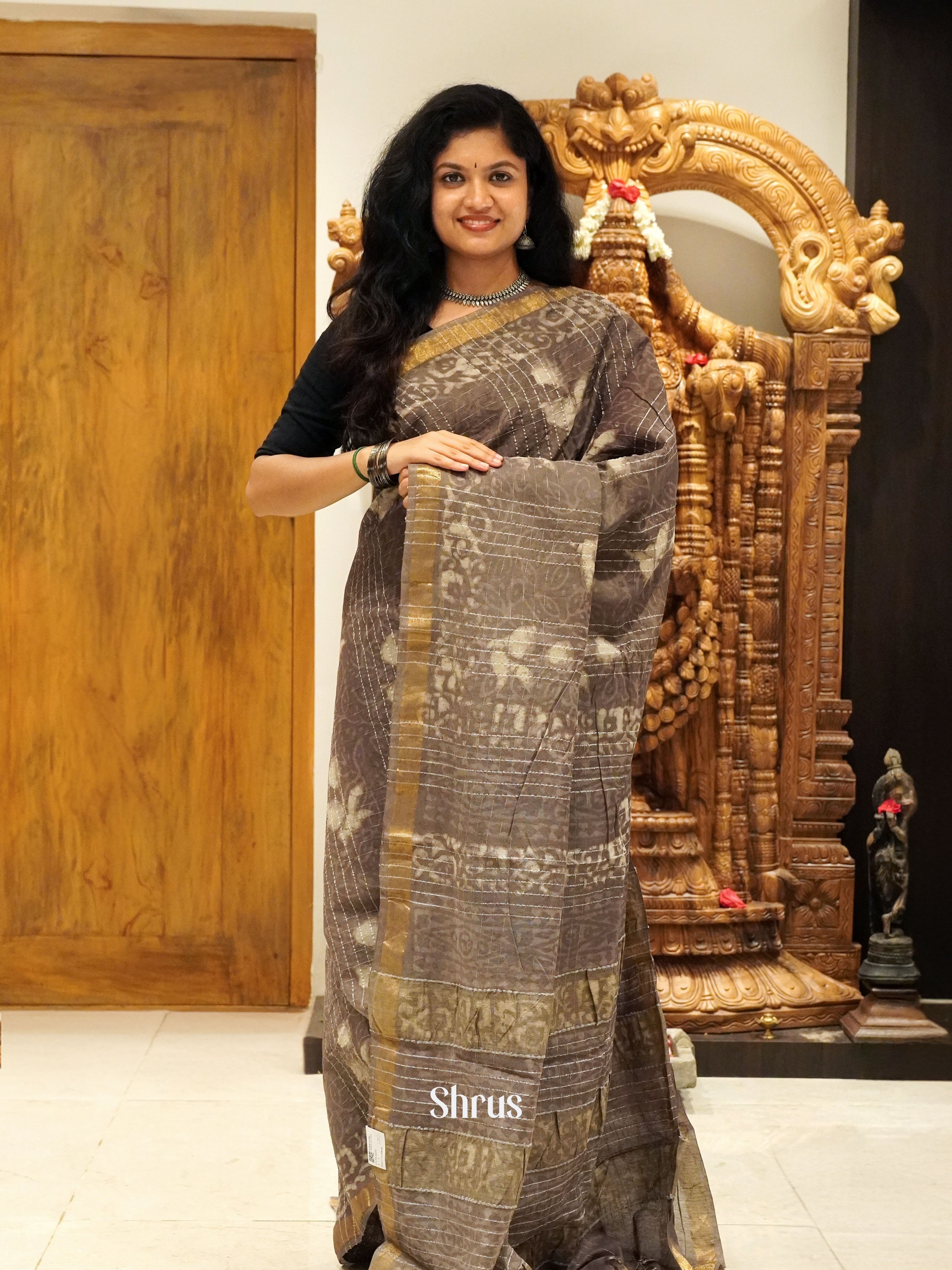 Grey(Single Tone) - Semi Chanderi Saree - Shop on ShrusEternity.com