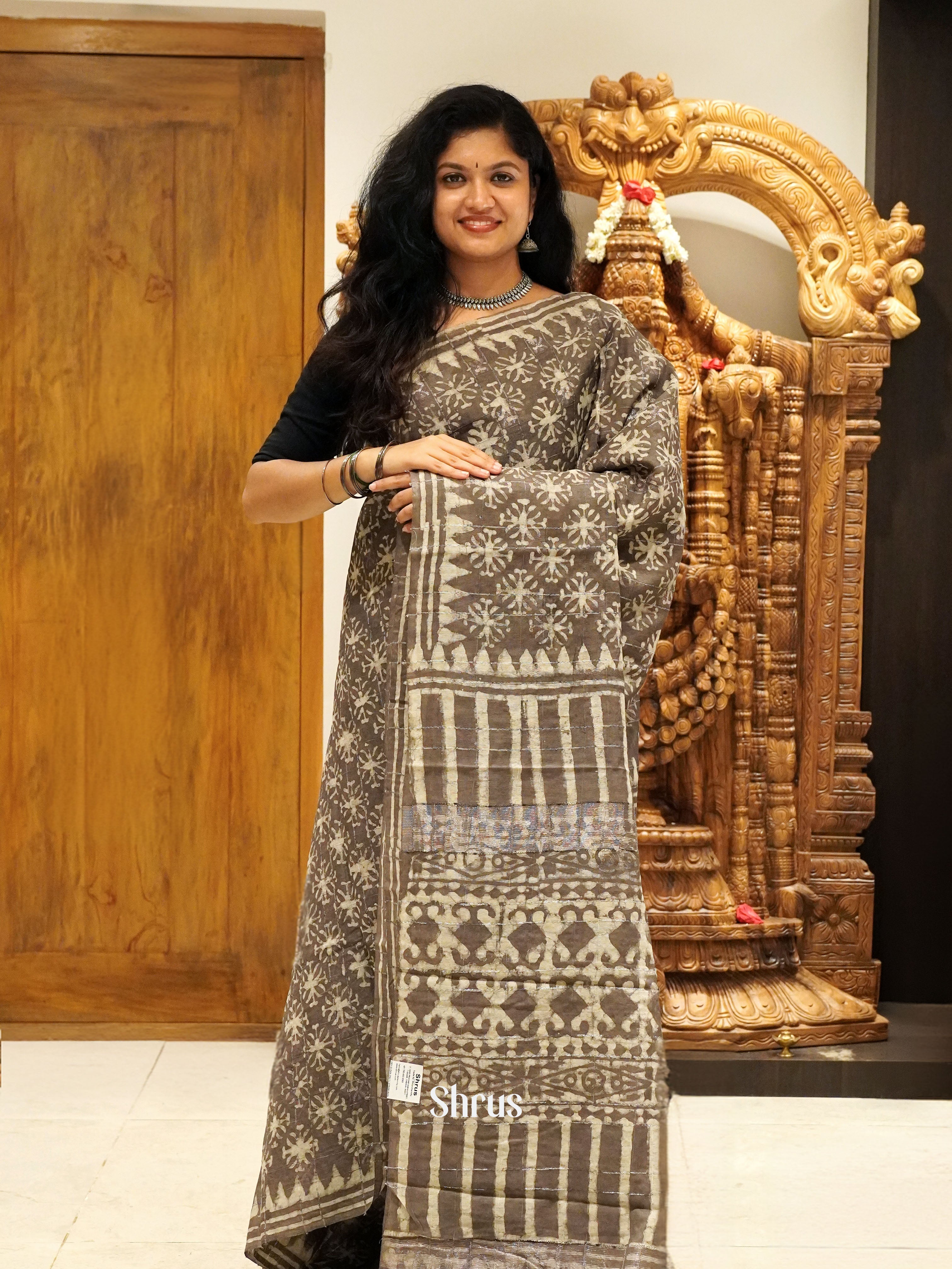 Grey(Single Tone) - Semi Chanderi Saree - Shop on ShrusEternity.com