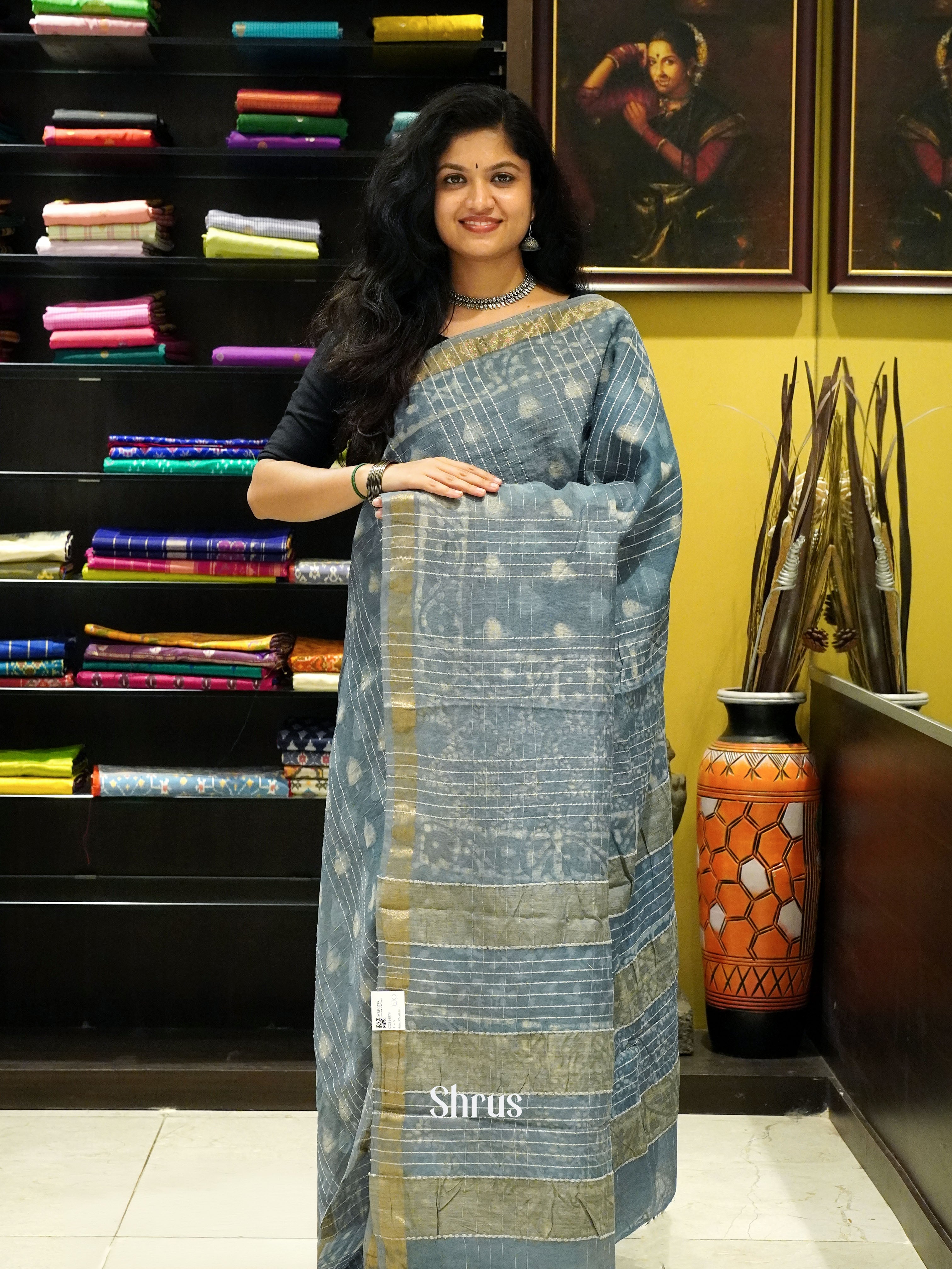 Grey(Single Tone) - Semi Chanderi Saree - Shop on ShrusEternity.com
