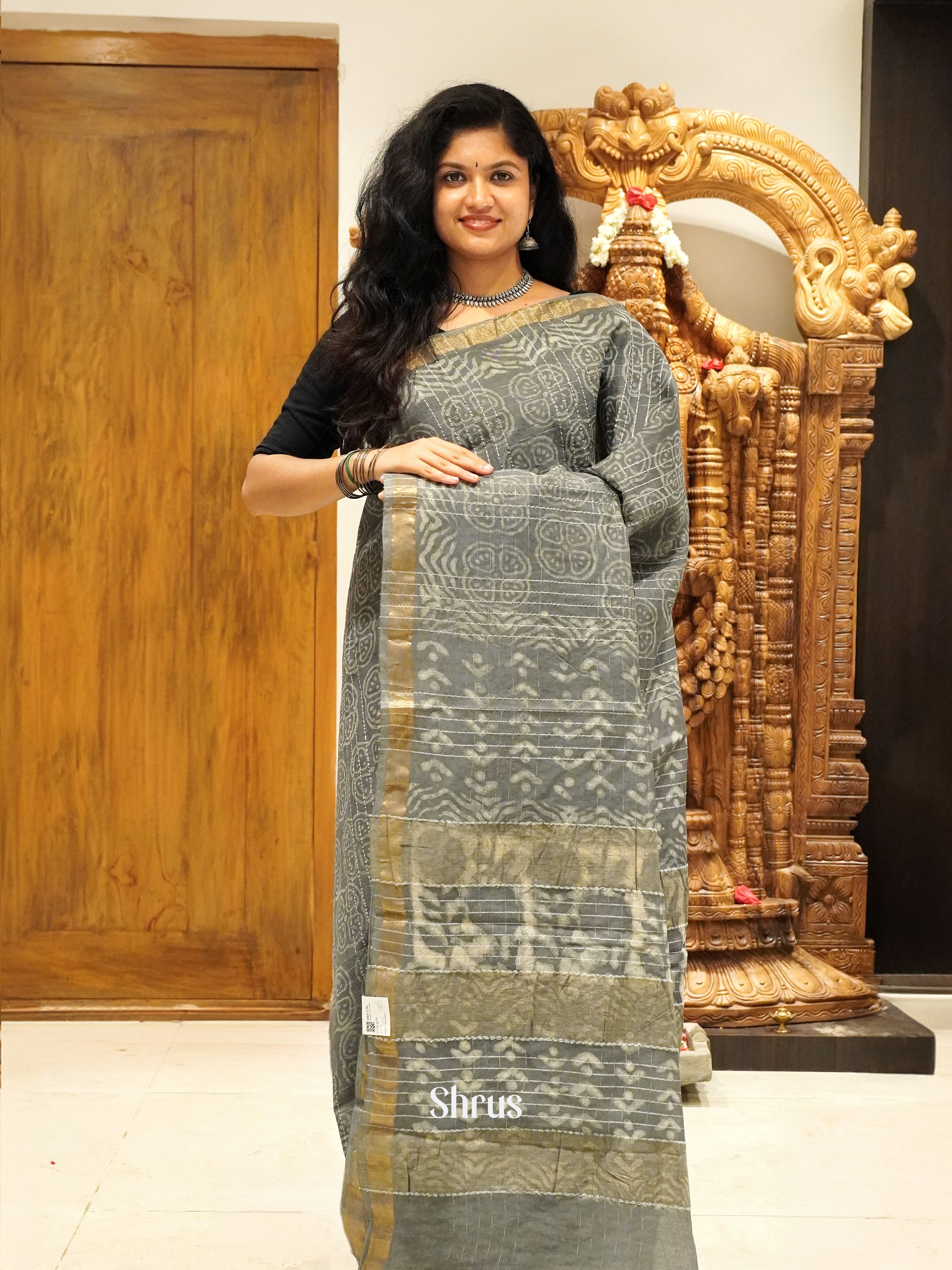 Grey(Single Tone) - Semi Chanderi Saree - Shop on ShrusEternity.com