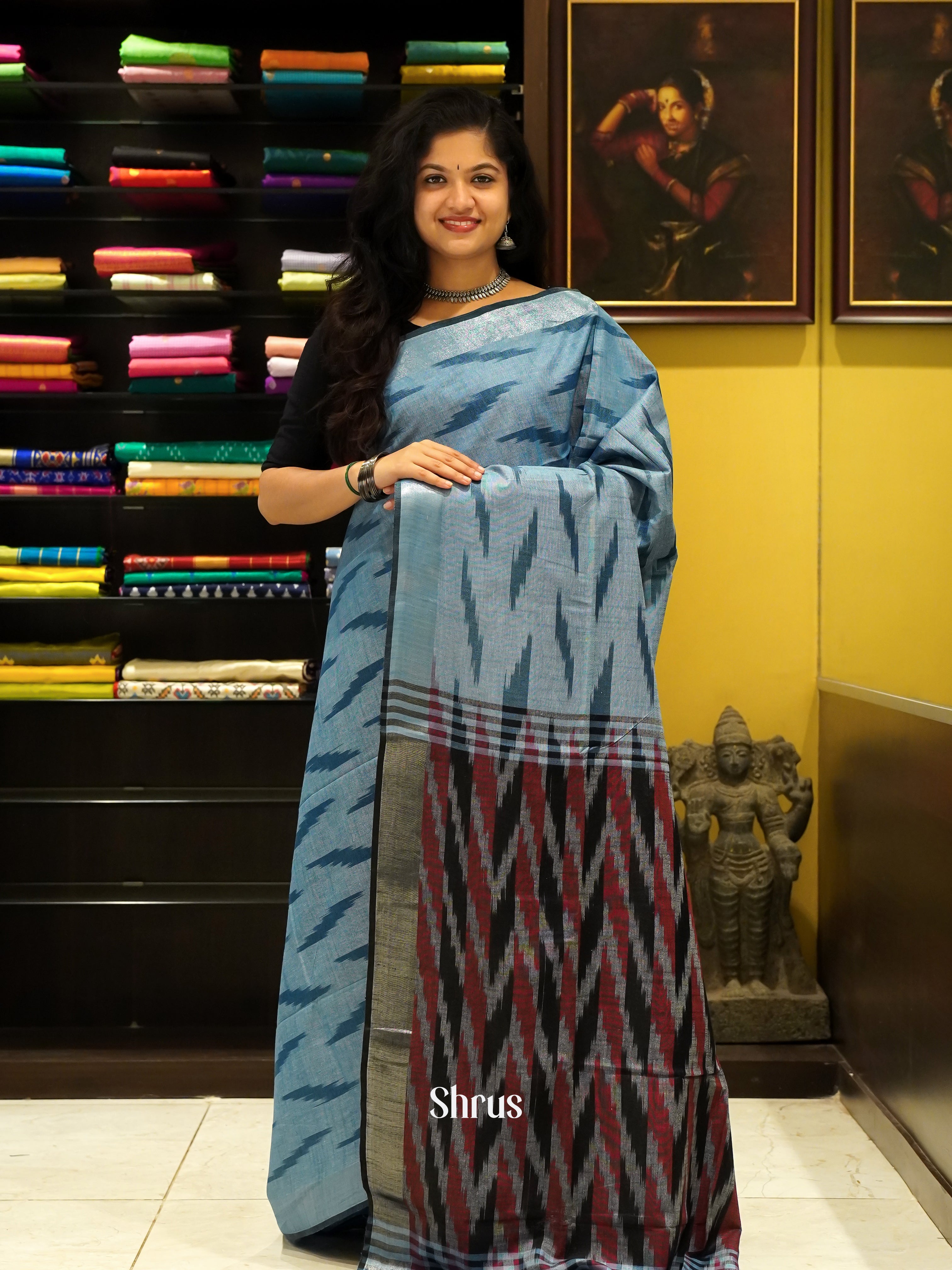 Blue & Grey - Semi Ikkat Saree - Shop on ShrusEternity.com