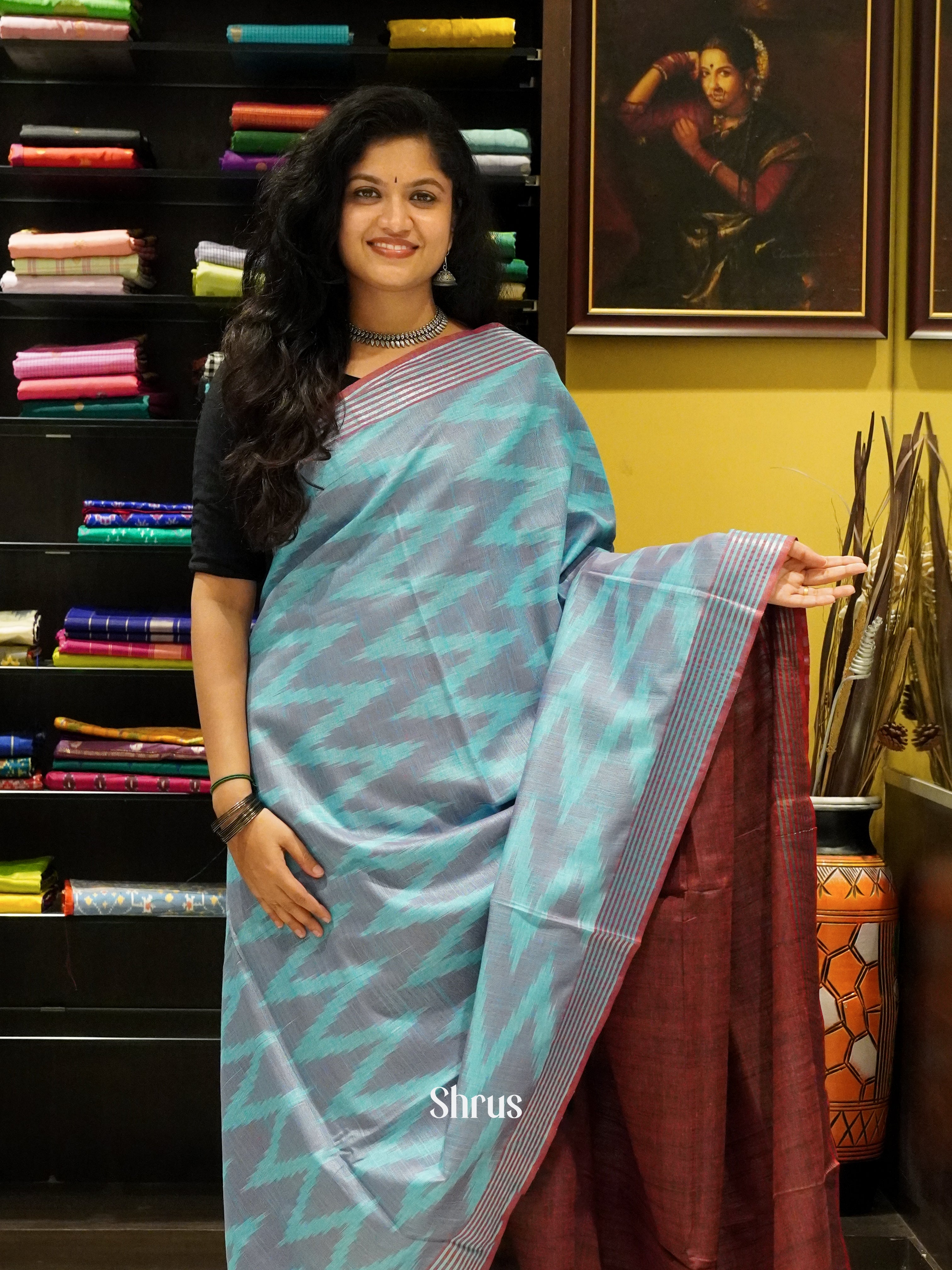 Blue & Red- Semi Ikkat Saree - Shop on ShrusEternity.com