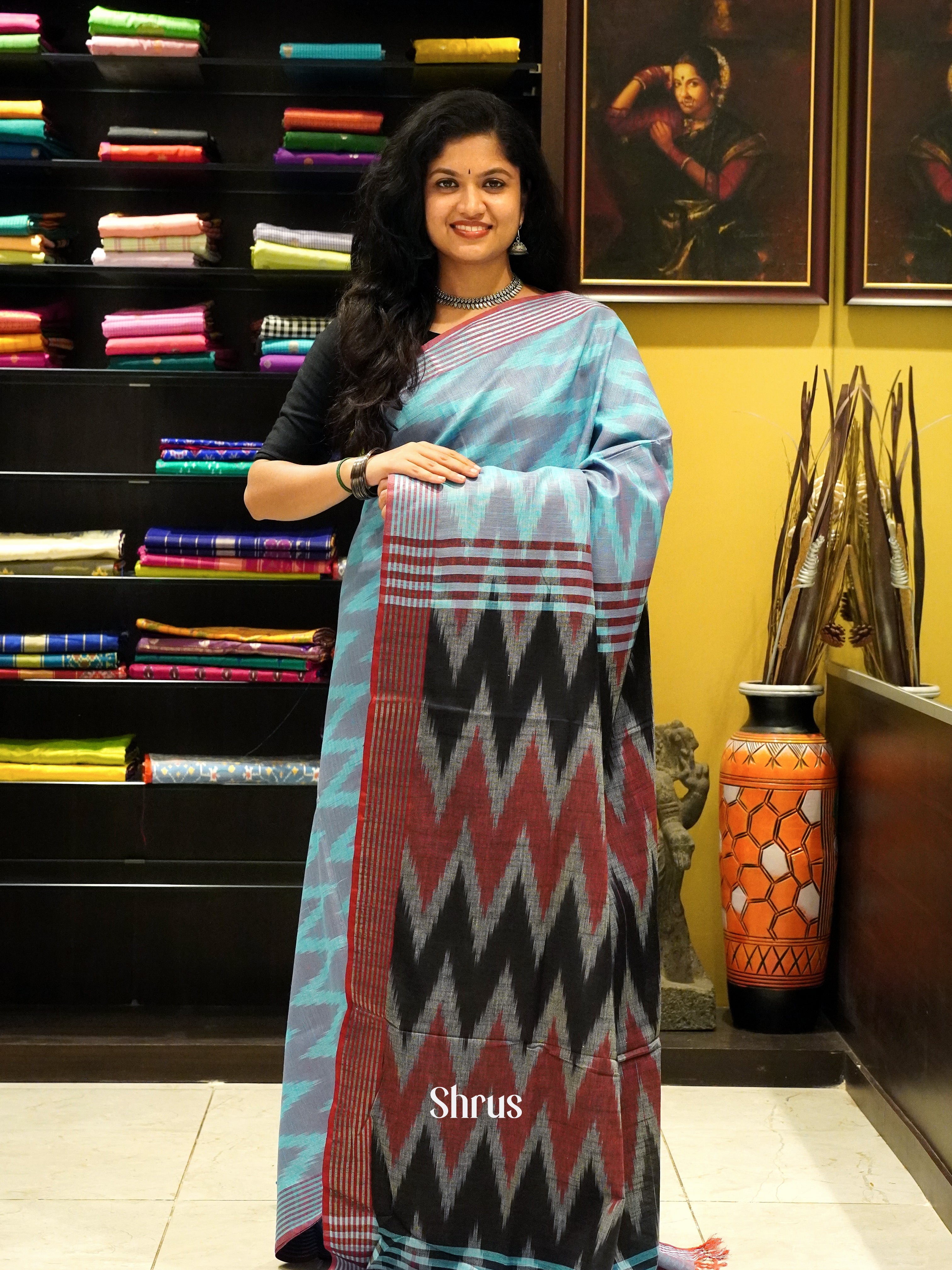 Blue & Red- Semi Ikkat Saree - Shop on ShrusEternity.com