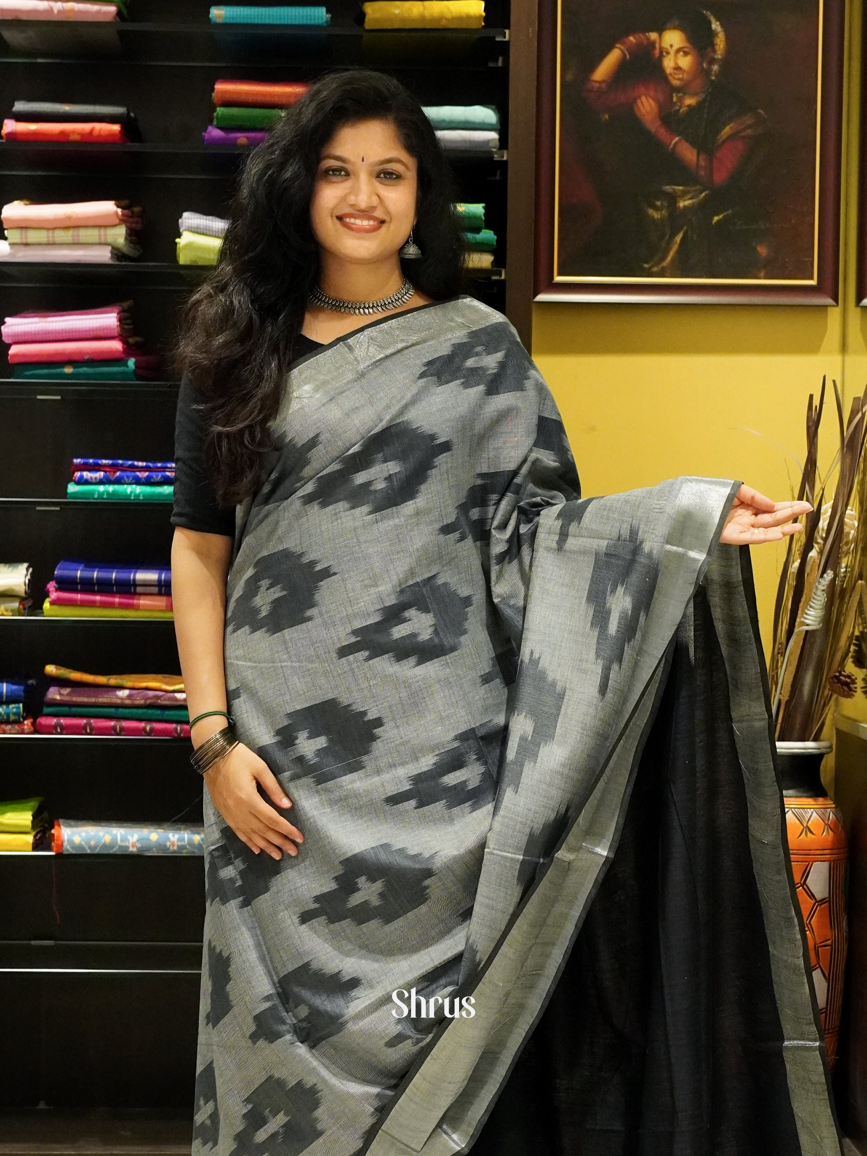 Grey And Black-Semi Ikkat Saree - Shop on ShrusEternity.com