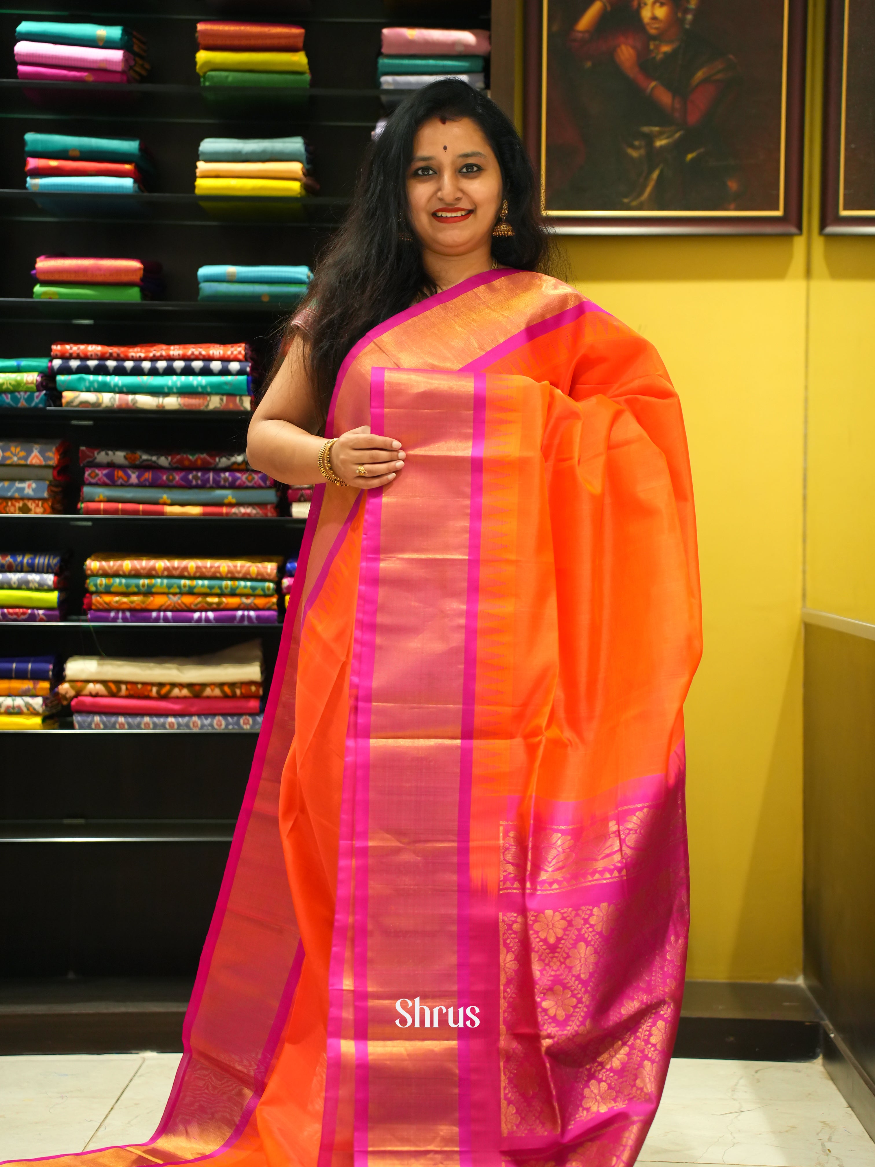Orange And Pink-Silk Cotton Saree - Shop on ShrusEternity.com