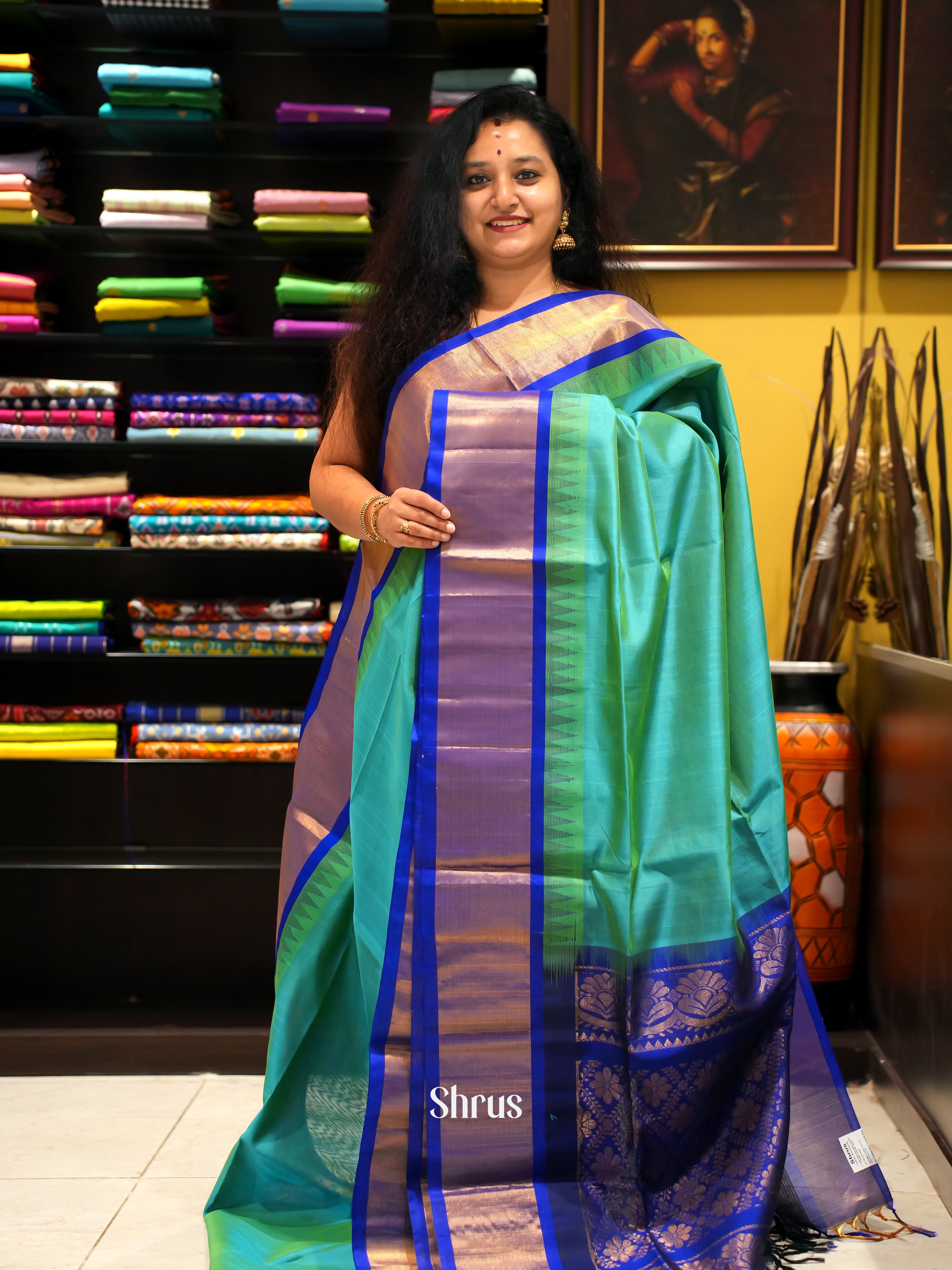 Teal and Blue-Silk cotton Saree - Shop on ShrusEternity.com