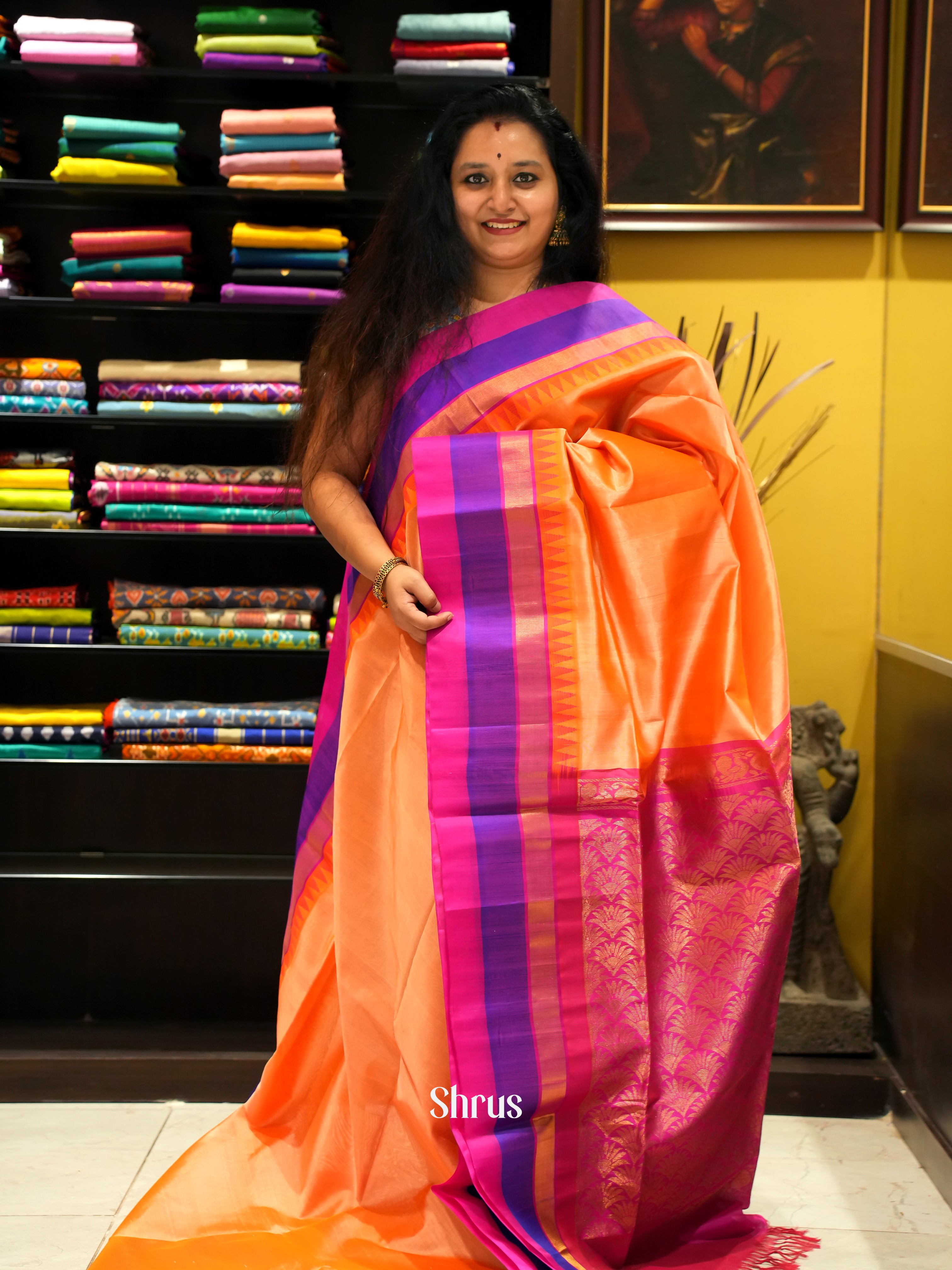 Peach And Pink-Silk Cotton Saree - Shop on ShrusEternity.com
