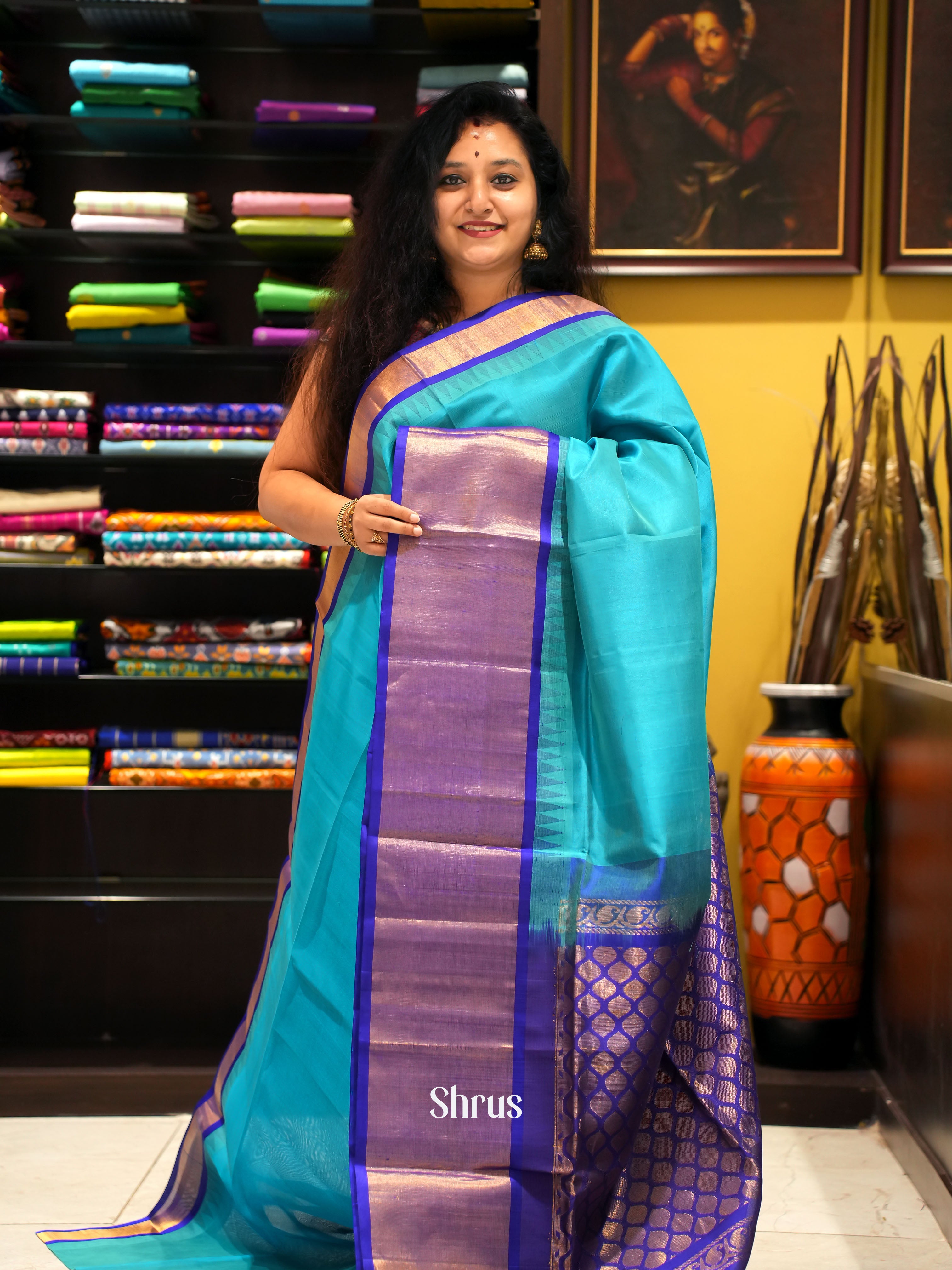 Blue And dark blue-Silk cotton saree - Shop on ShrusEternity.com