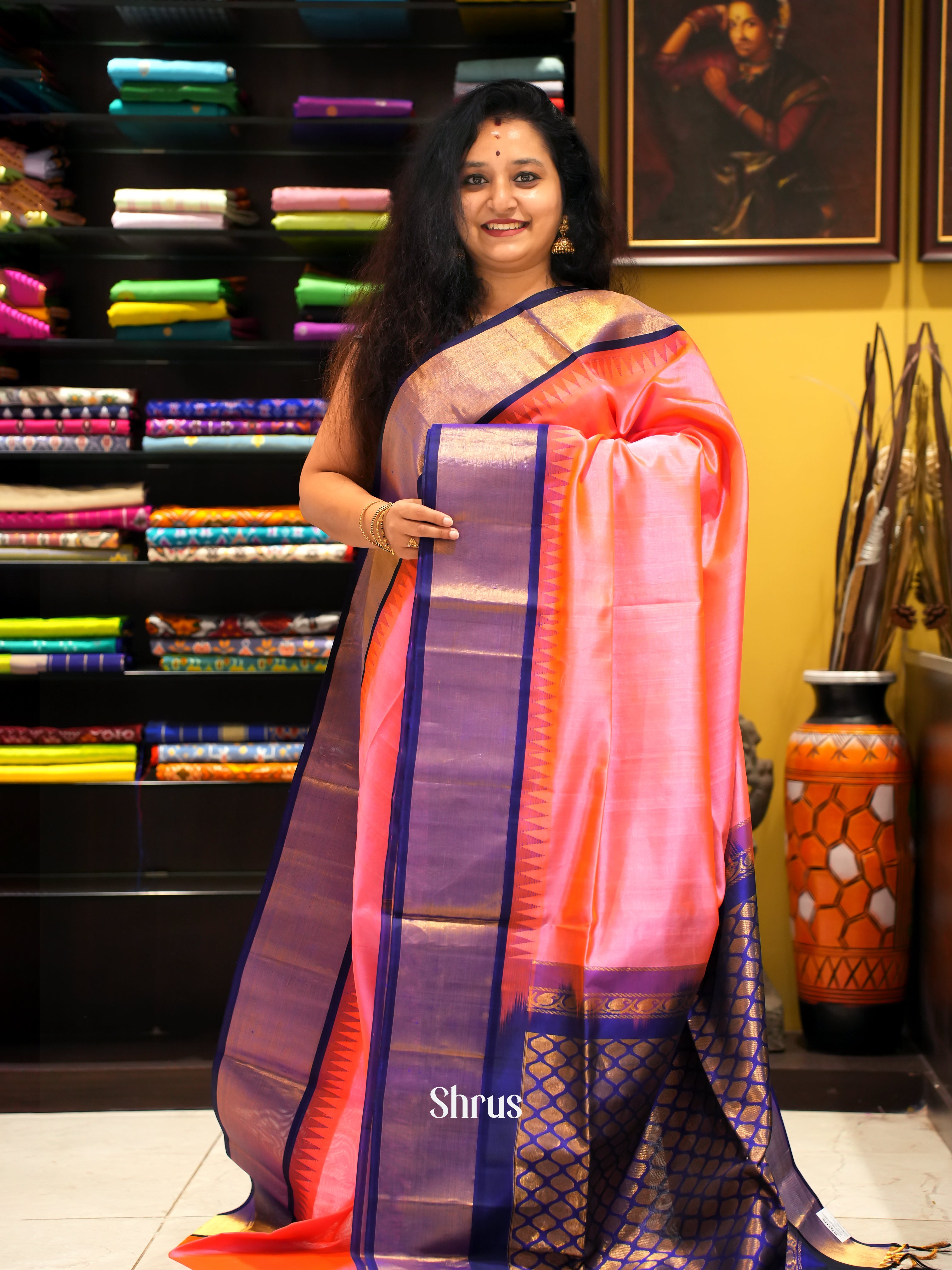 Pink And Blue-Silk cotton saree - Shop on ShrusEternity.com