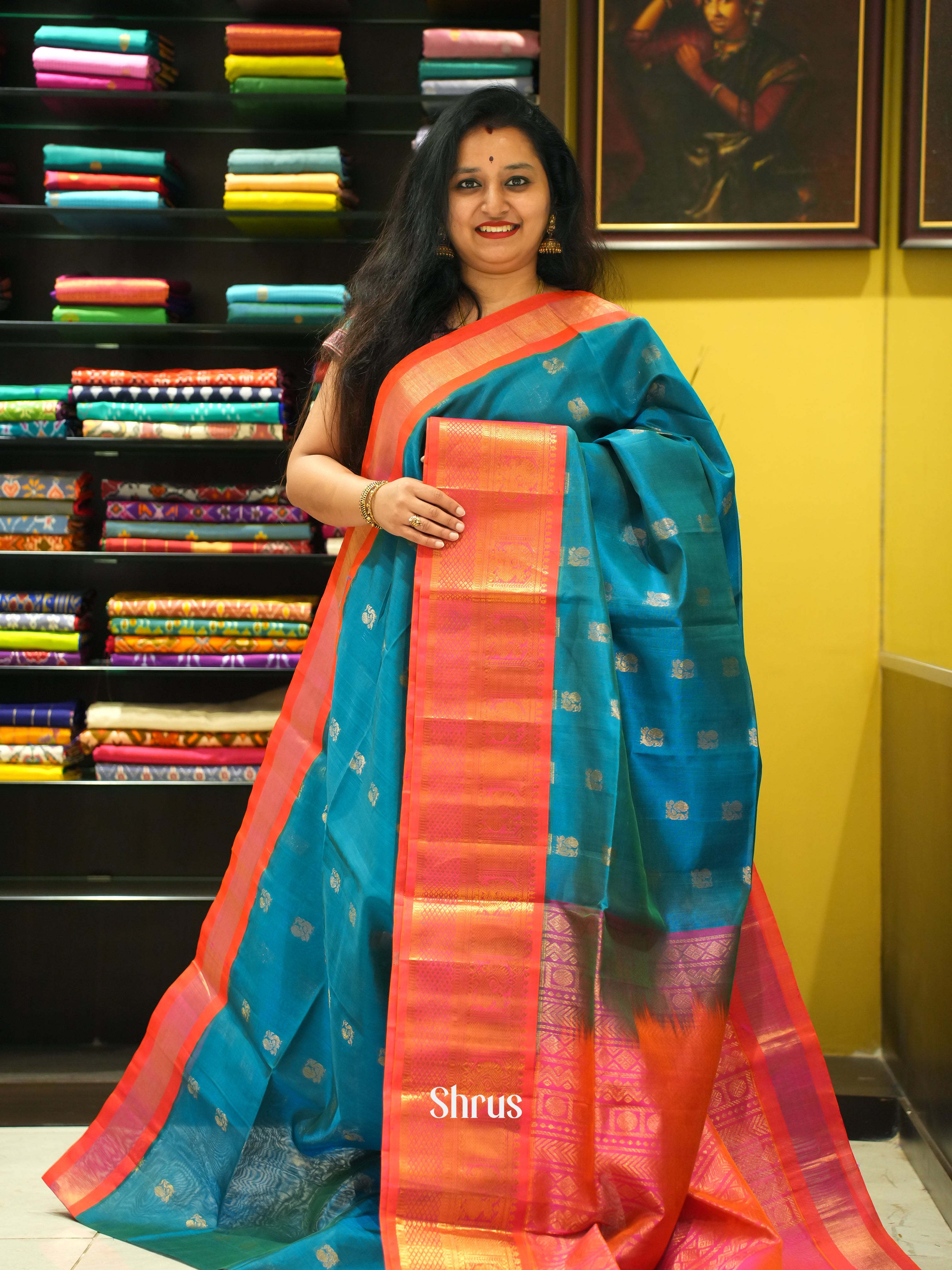 Blue And Pink-Silk cotton Saree - Shop on ShrusEternity.com