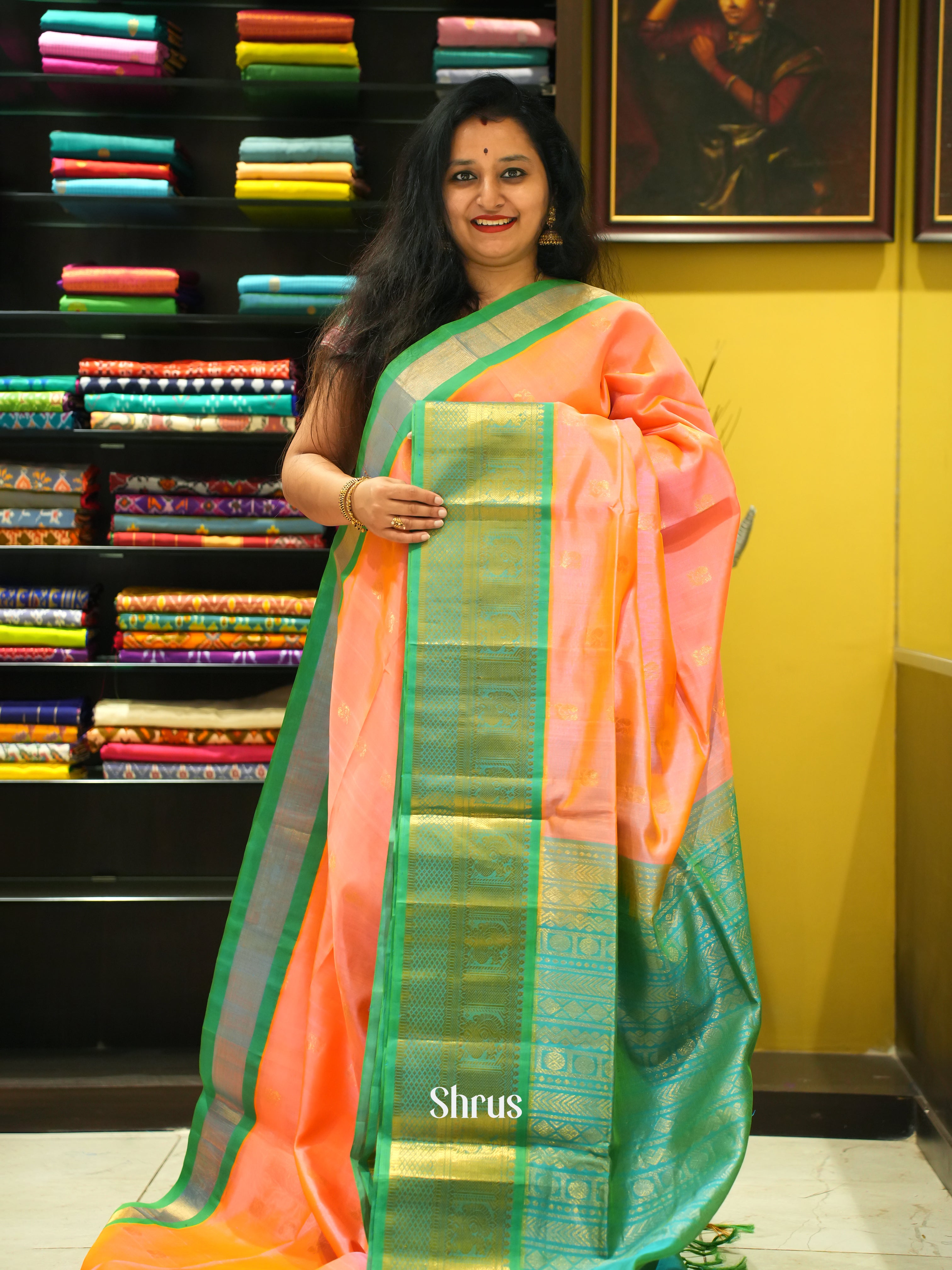 Peach And Green-Silk cotton saree - Shop on ShrusEternity.com