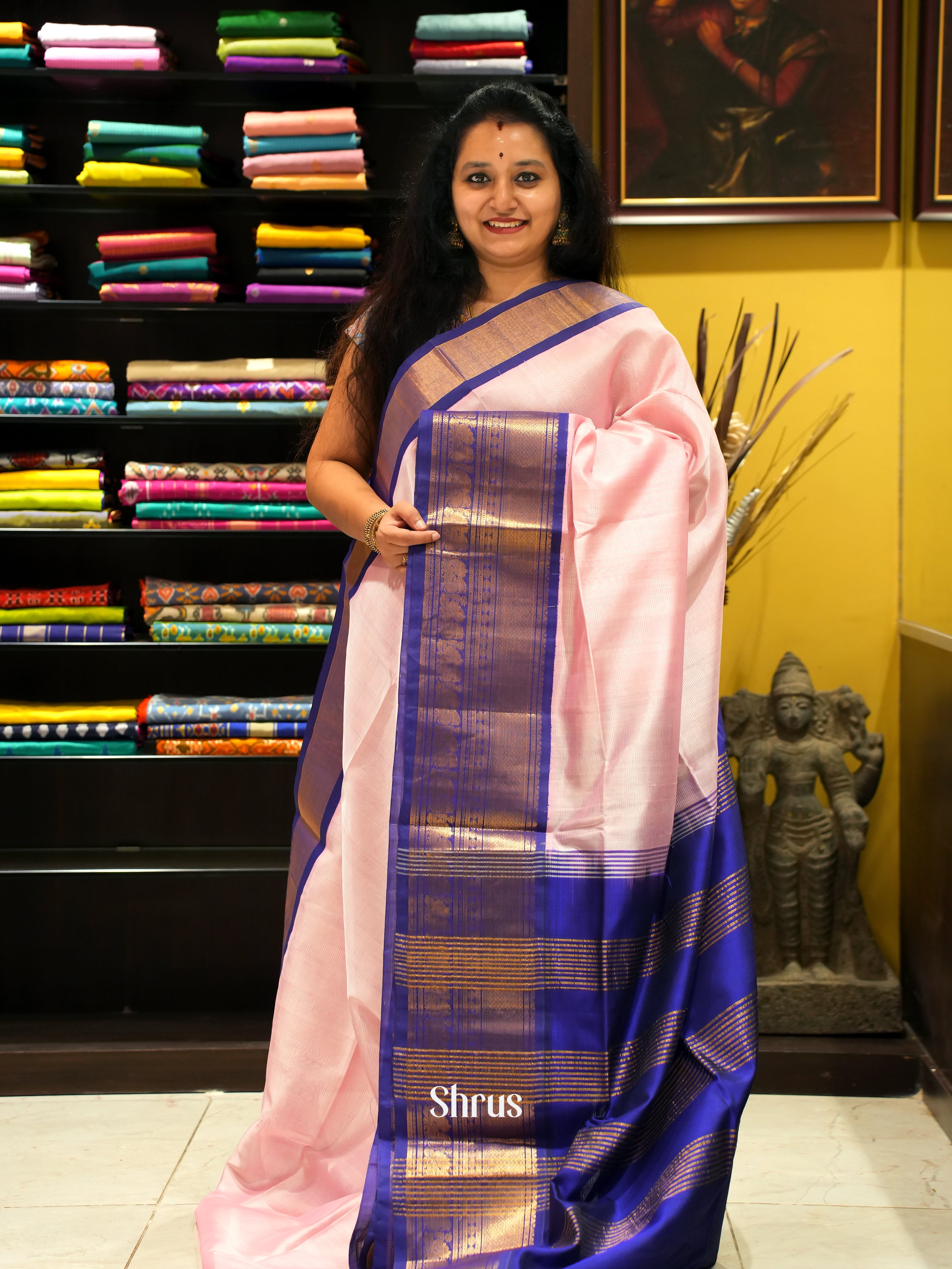 Lotus Pink And blue-Silk cotton saree - Shop on ShrusEternity.com