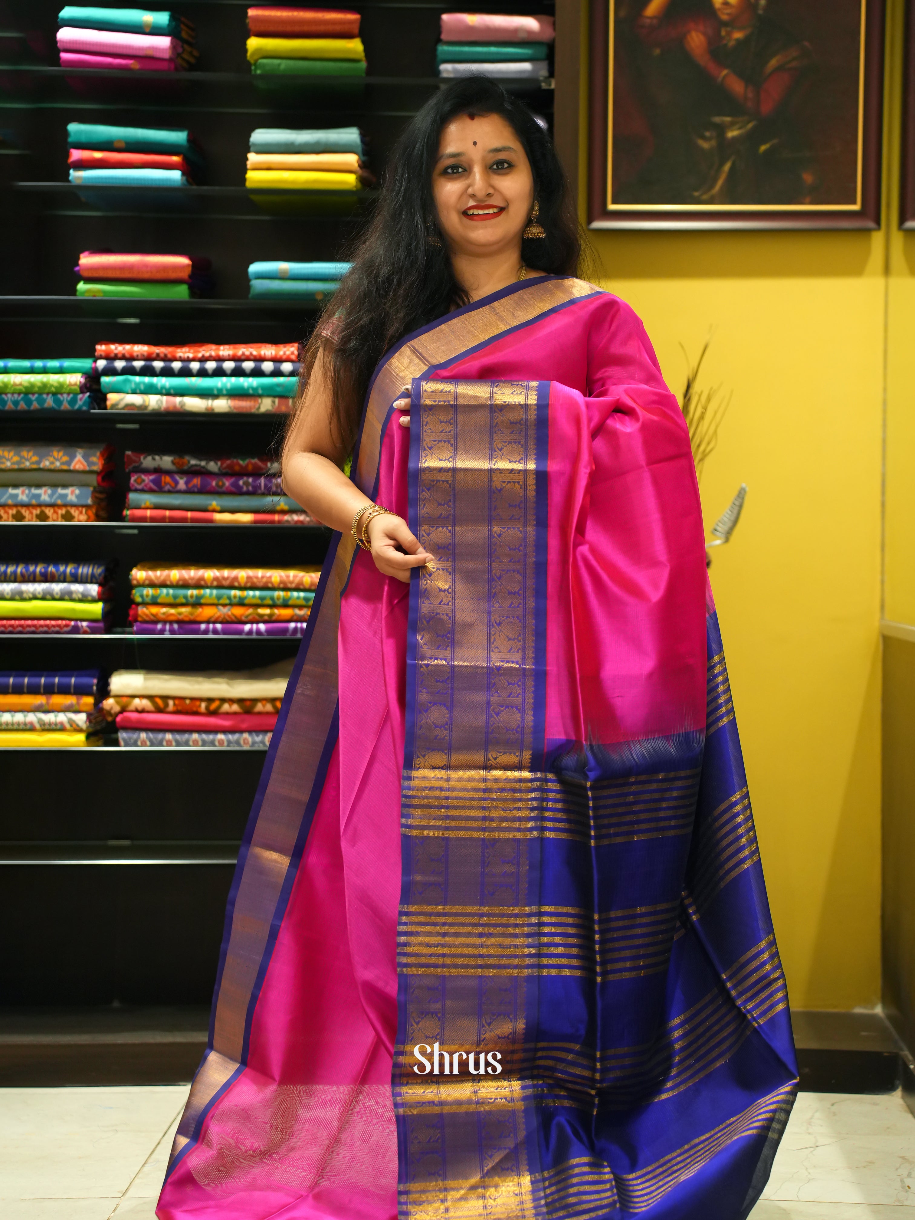 Pink And Blue-Silk cotton saree - Shop on ShrusEternity.com