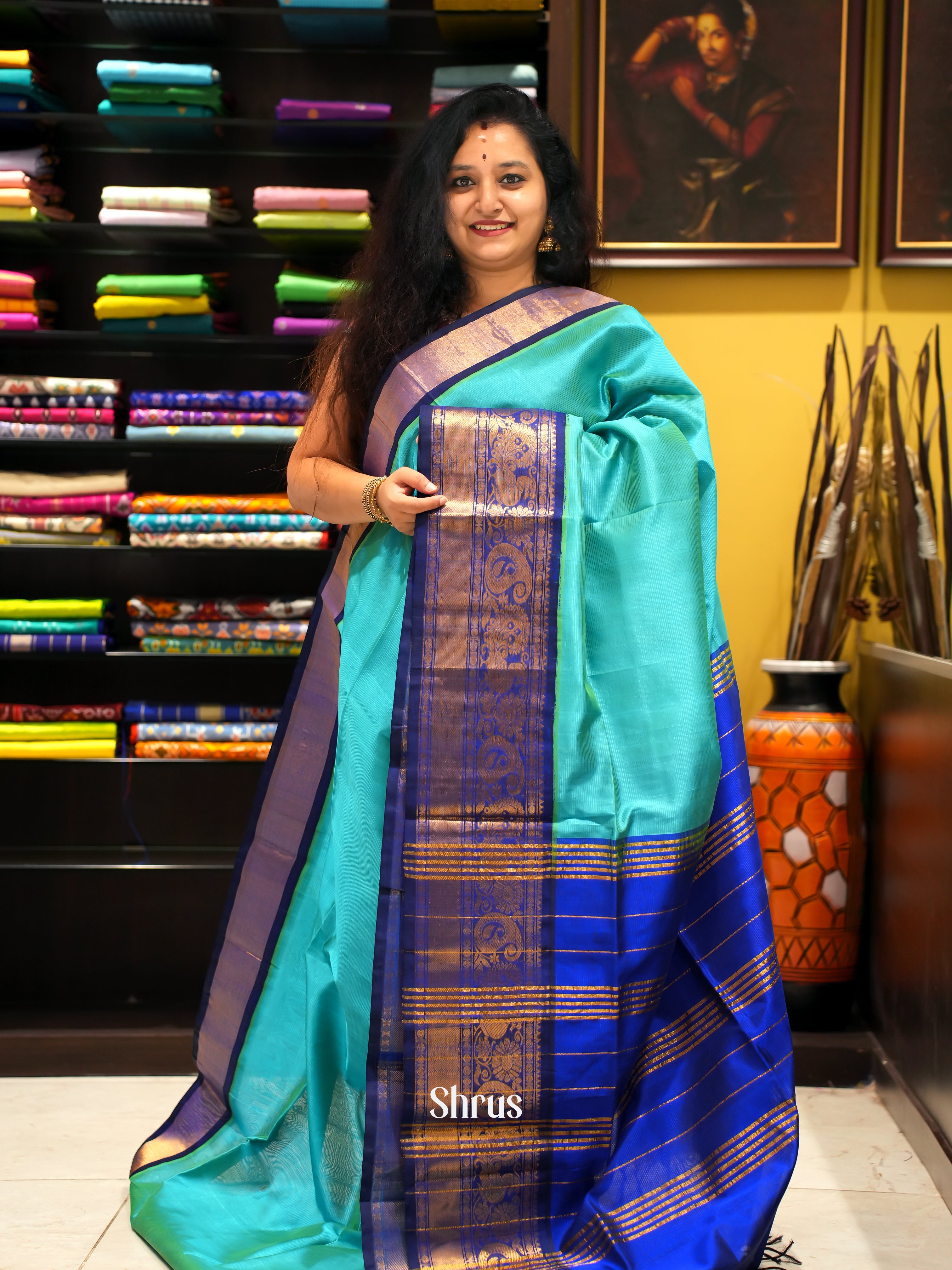 Blue and Dark blue -Silk cotton saree - Shop on ShrusEternity.com
