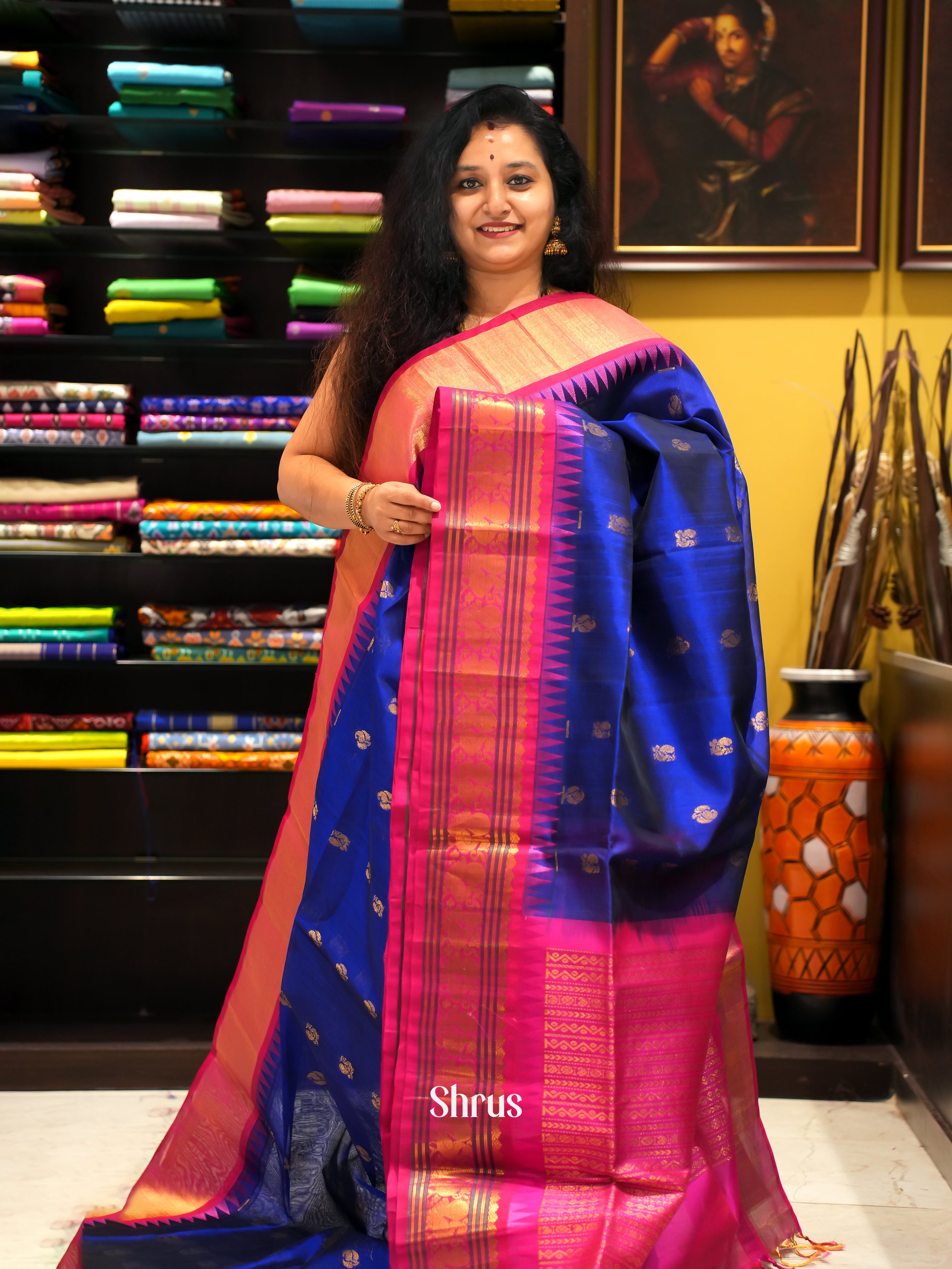 Blue And Pink-Silk cotton saree - Shop on ShrusEternity.com