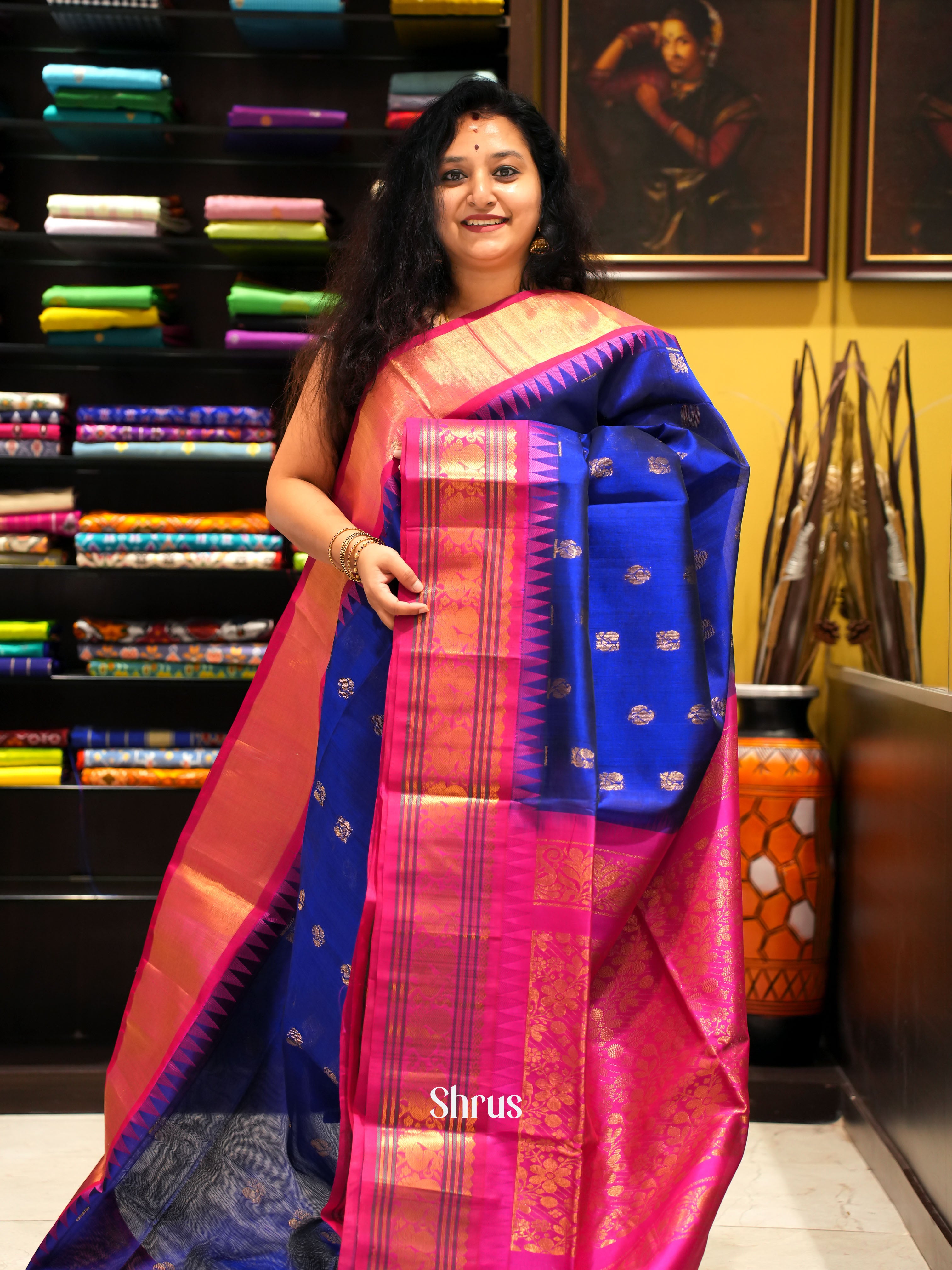 Blue And Pink-Silk cotton saree - Shop on ShrusEternity.com