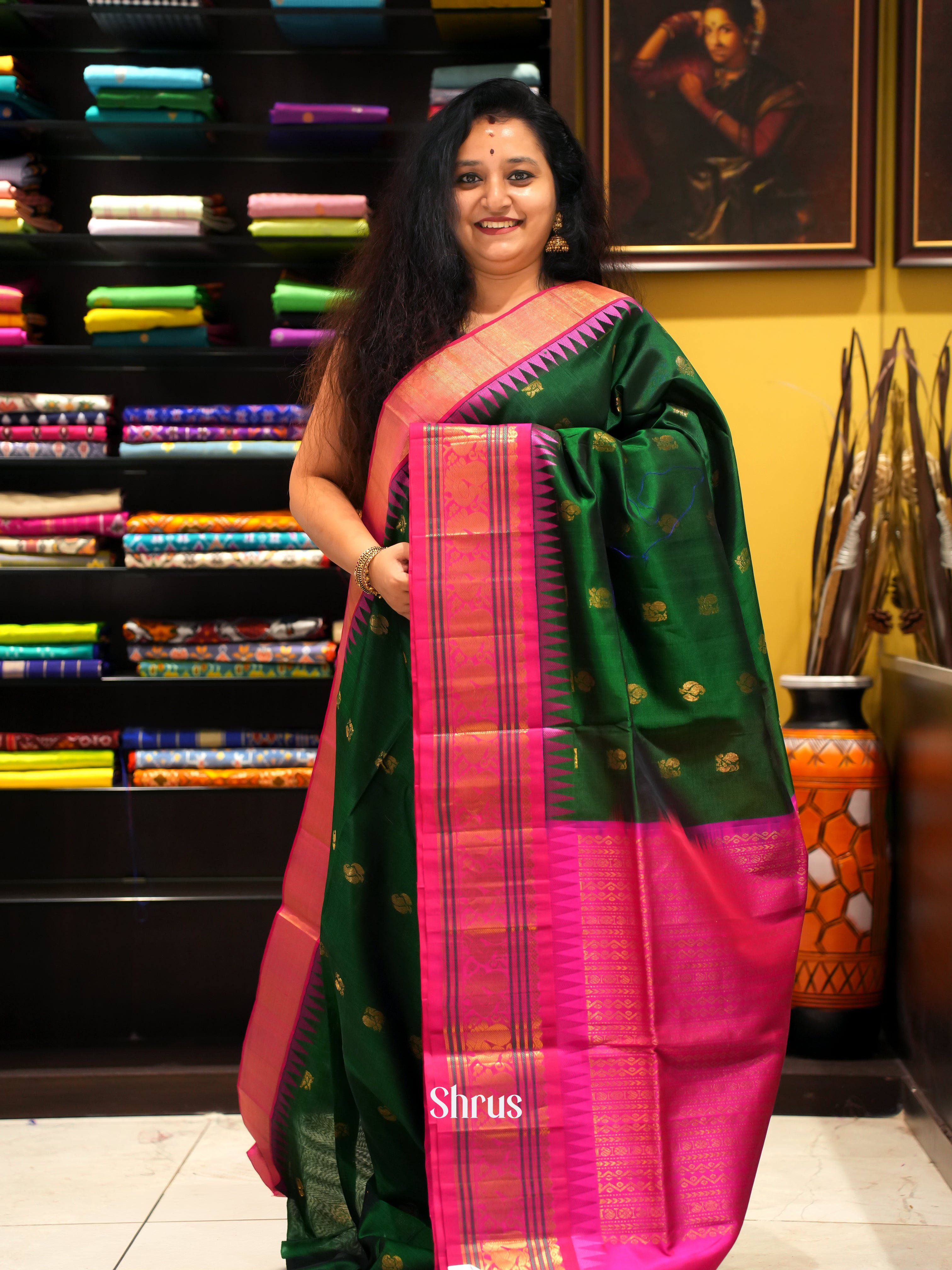 Green and pink-Silk Cotton saree - Shop on ShrusEternity.com