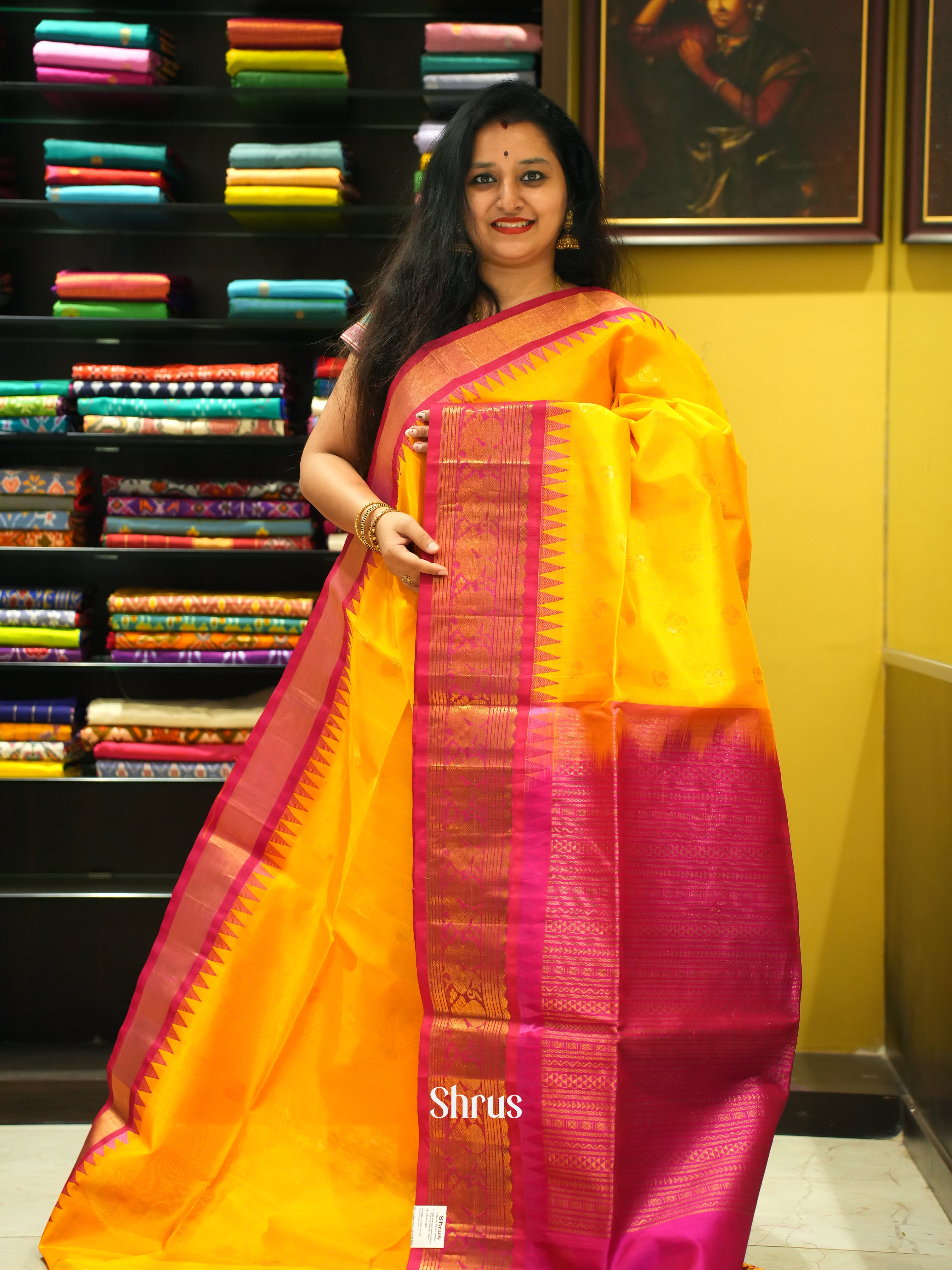 Yellow And Pink-Silk Cotton Saree - Shop on ShrusEternity.com