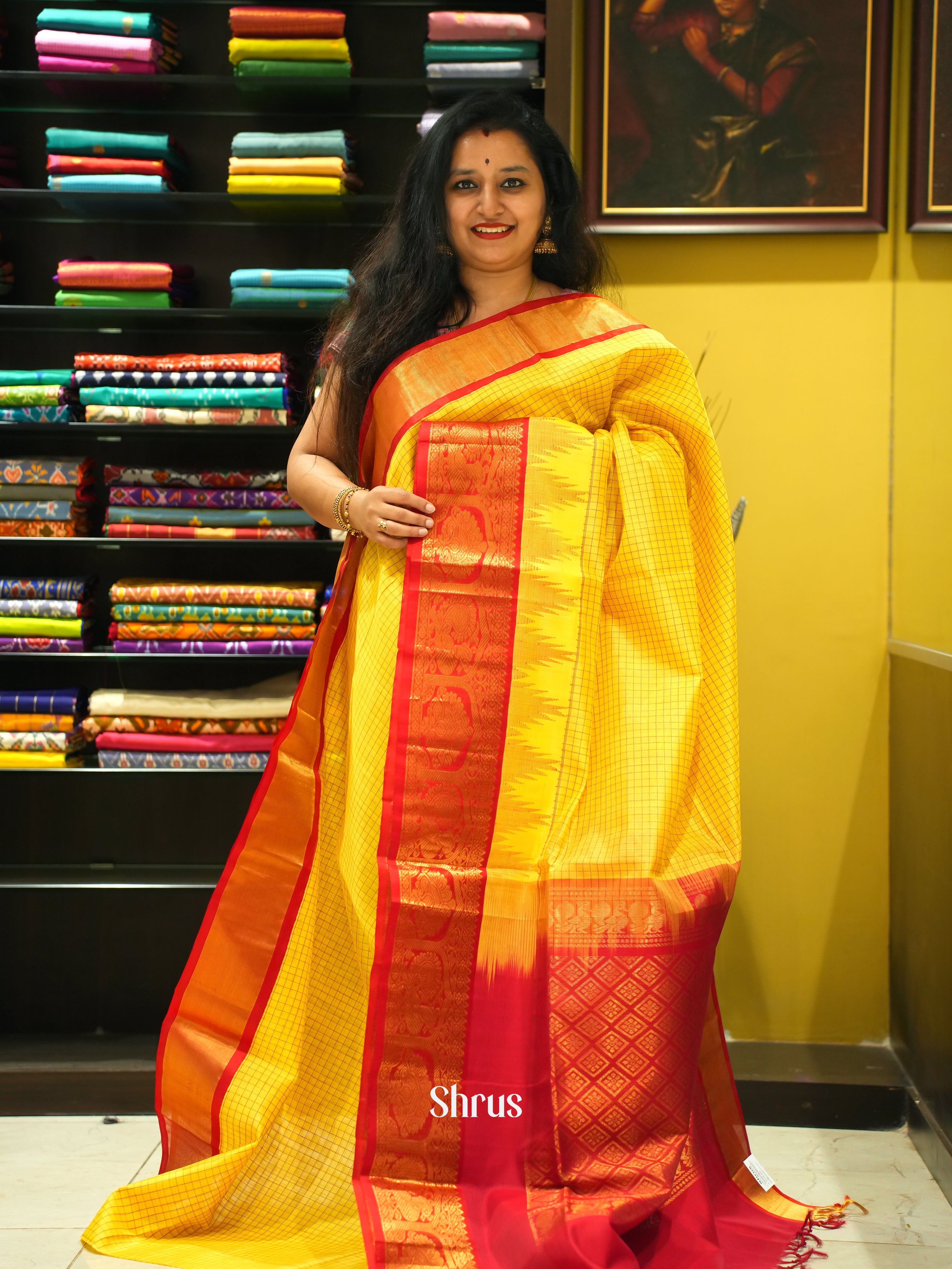 Yellow And Red-Silk cotton saree - Shop on ShrusEternity.com