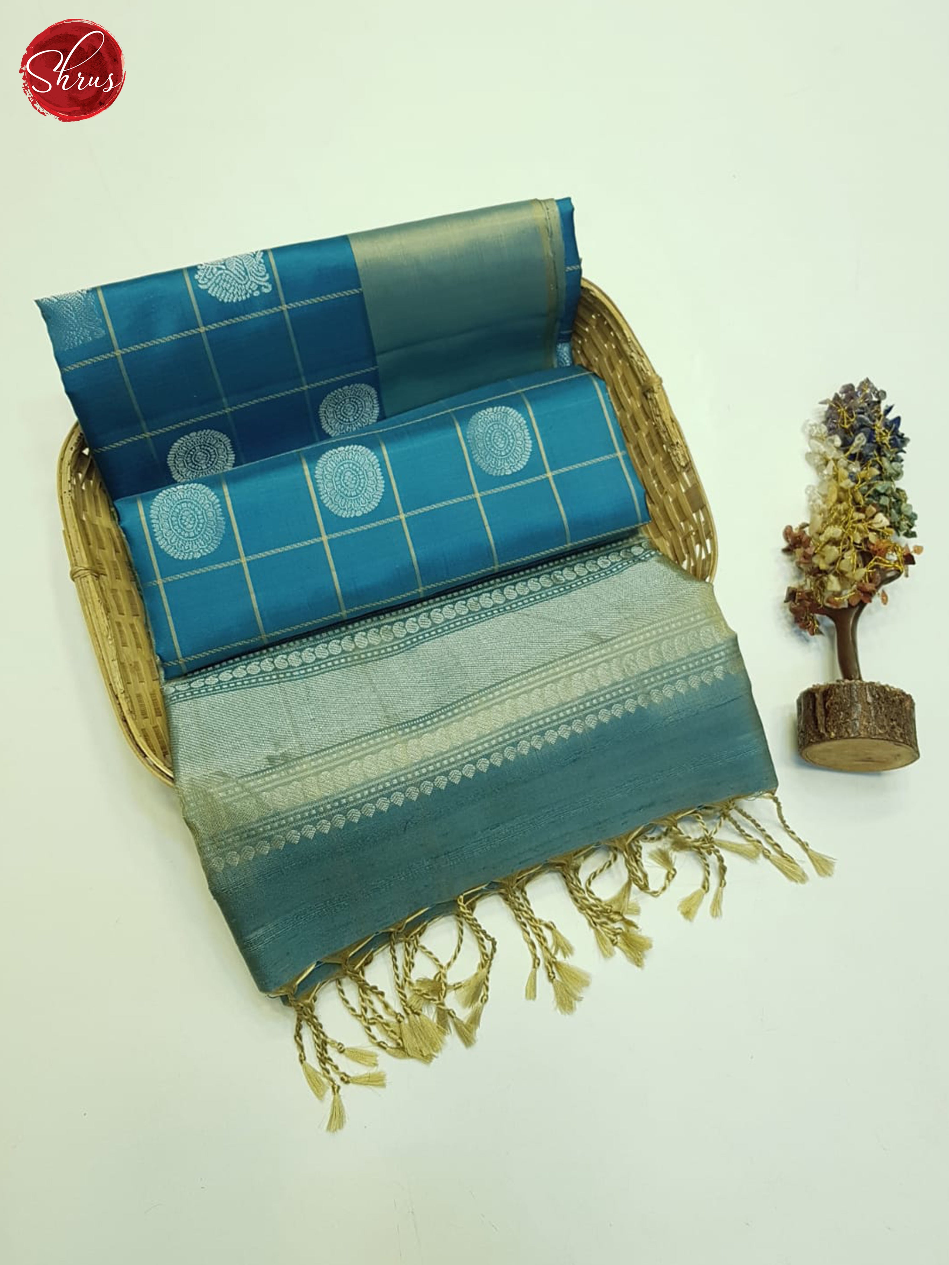 Blue And Elachi Green- Soft Silk Saree - Shop on ShrusEternity.com