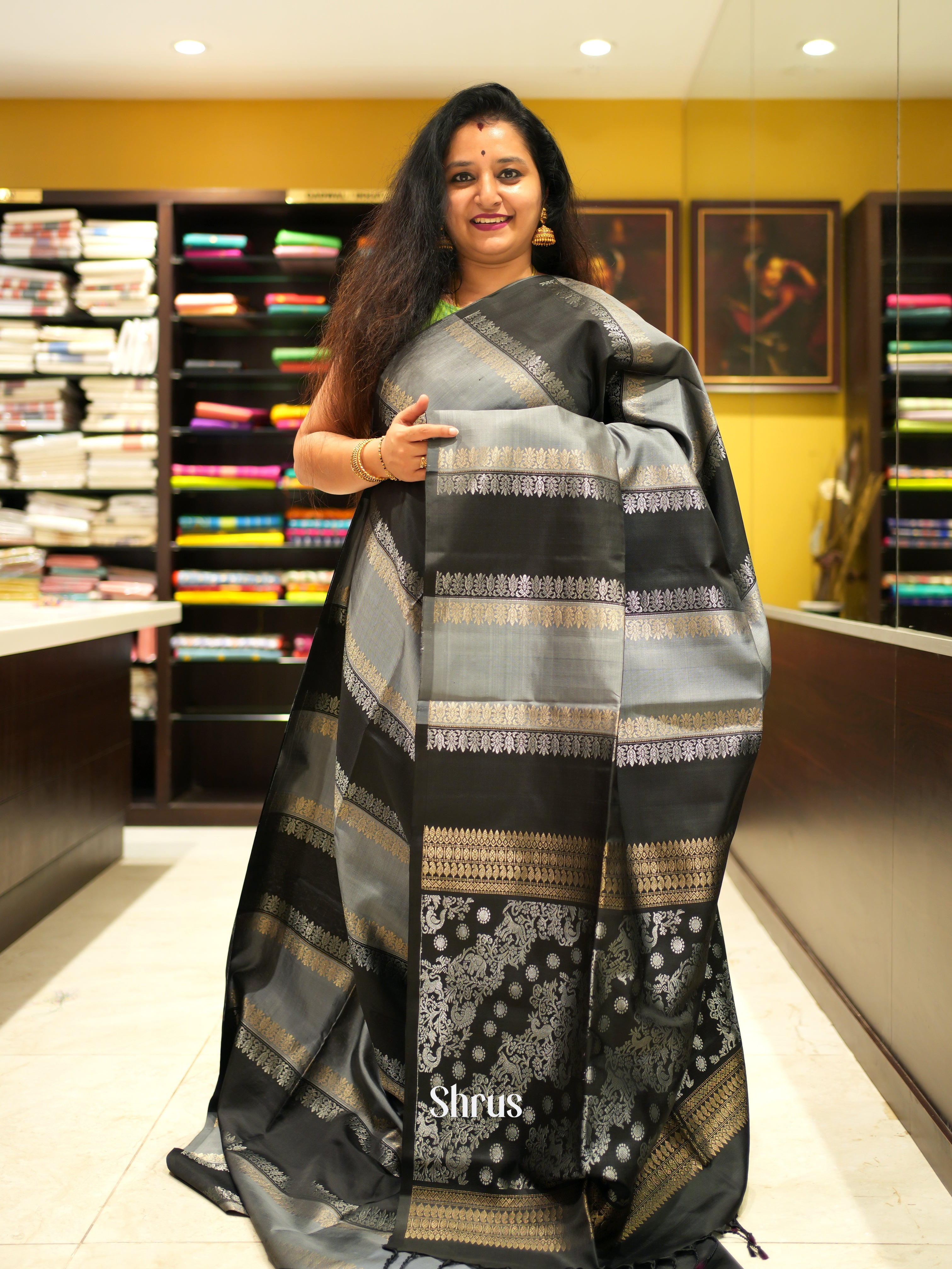 Grey And Black- Soft Silk Saree - Shop on ShrusEternity.com