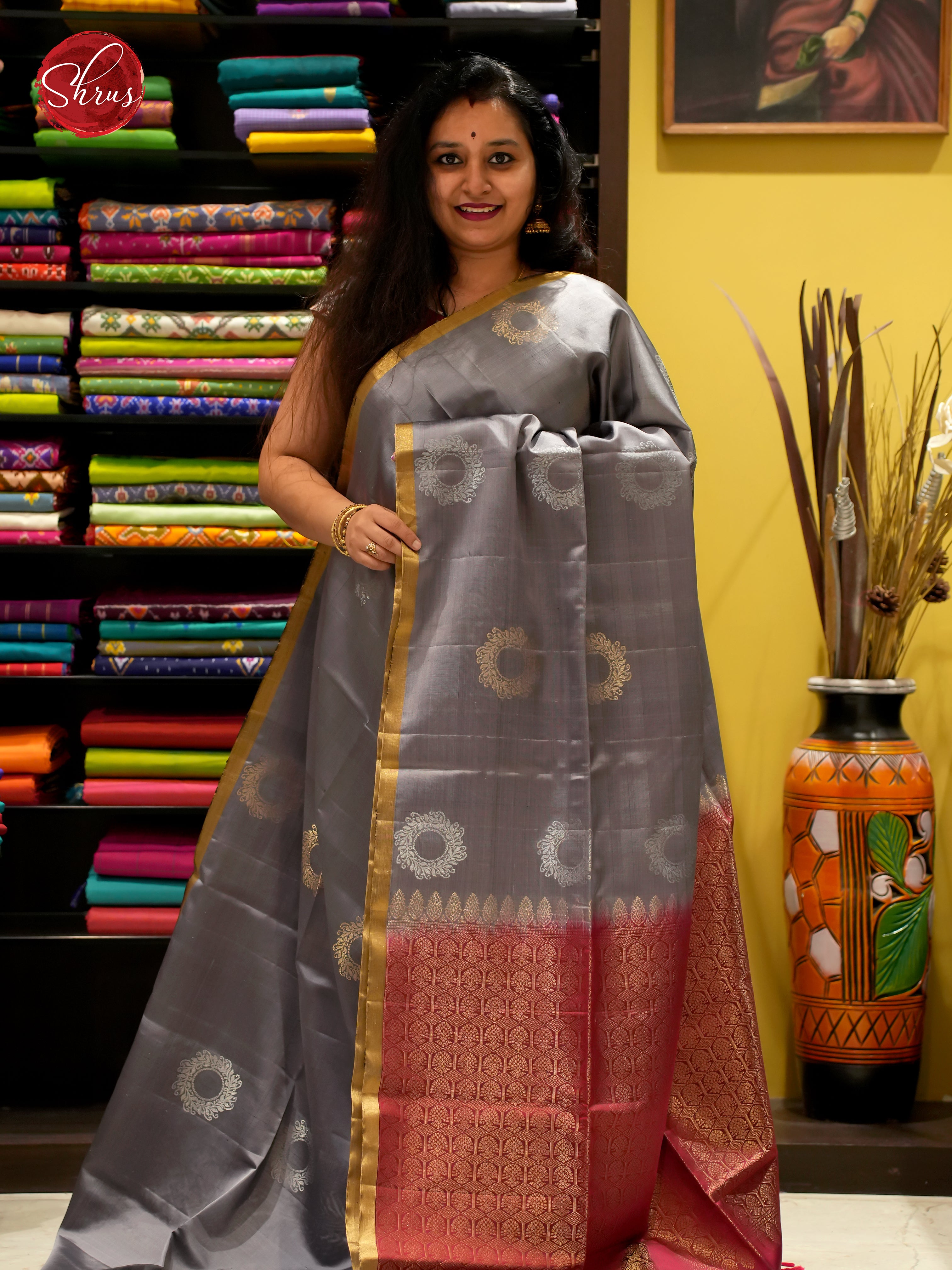 Grey And Maroon- Soft Silk Saree - Shop on ShrusEternity.com