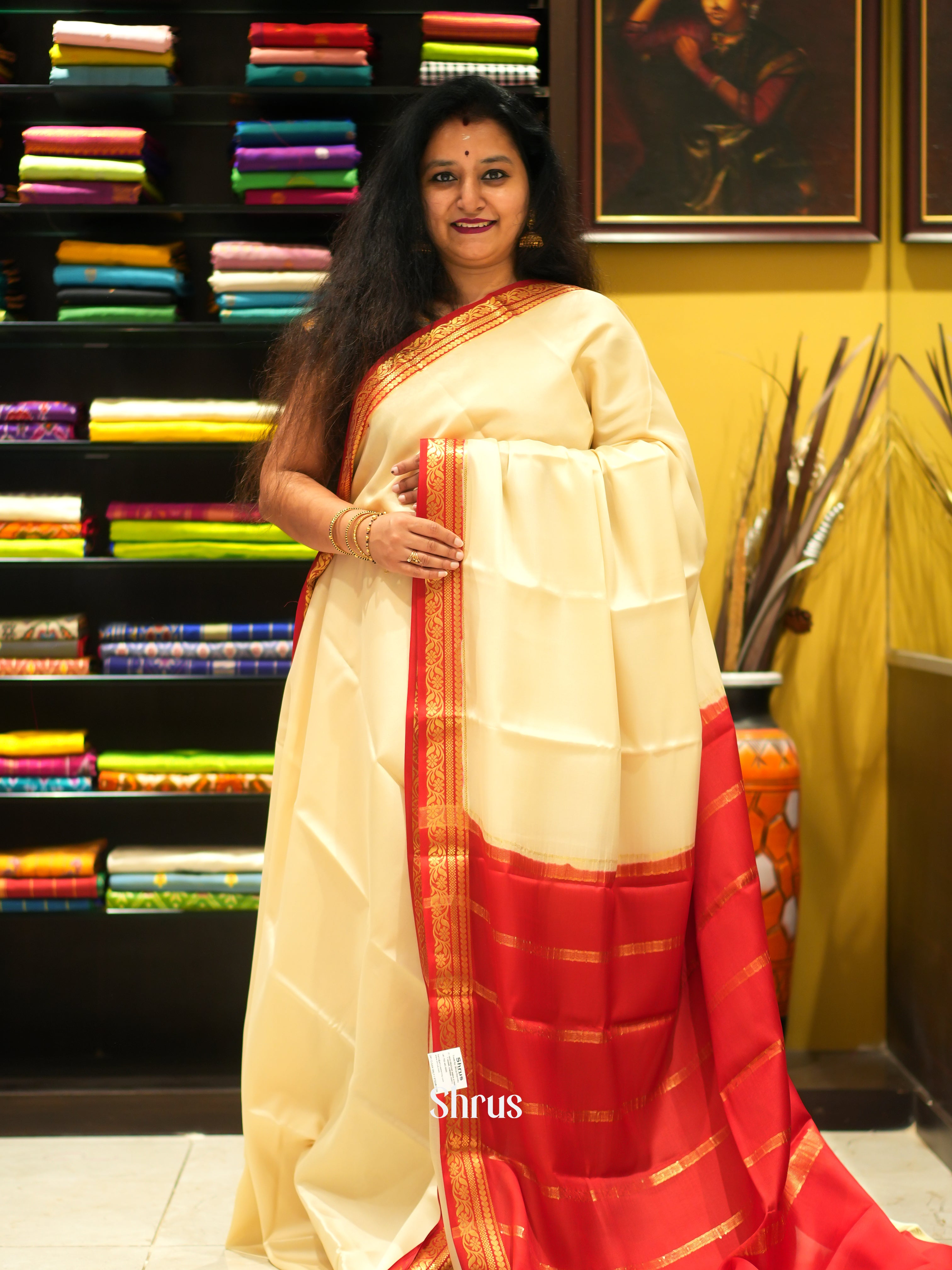 Cream And Red- Mysore Silk Saree - Shop on ShrusEternity.com