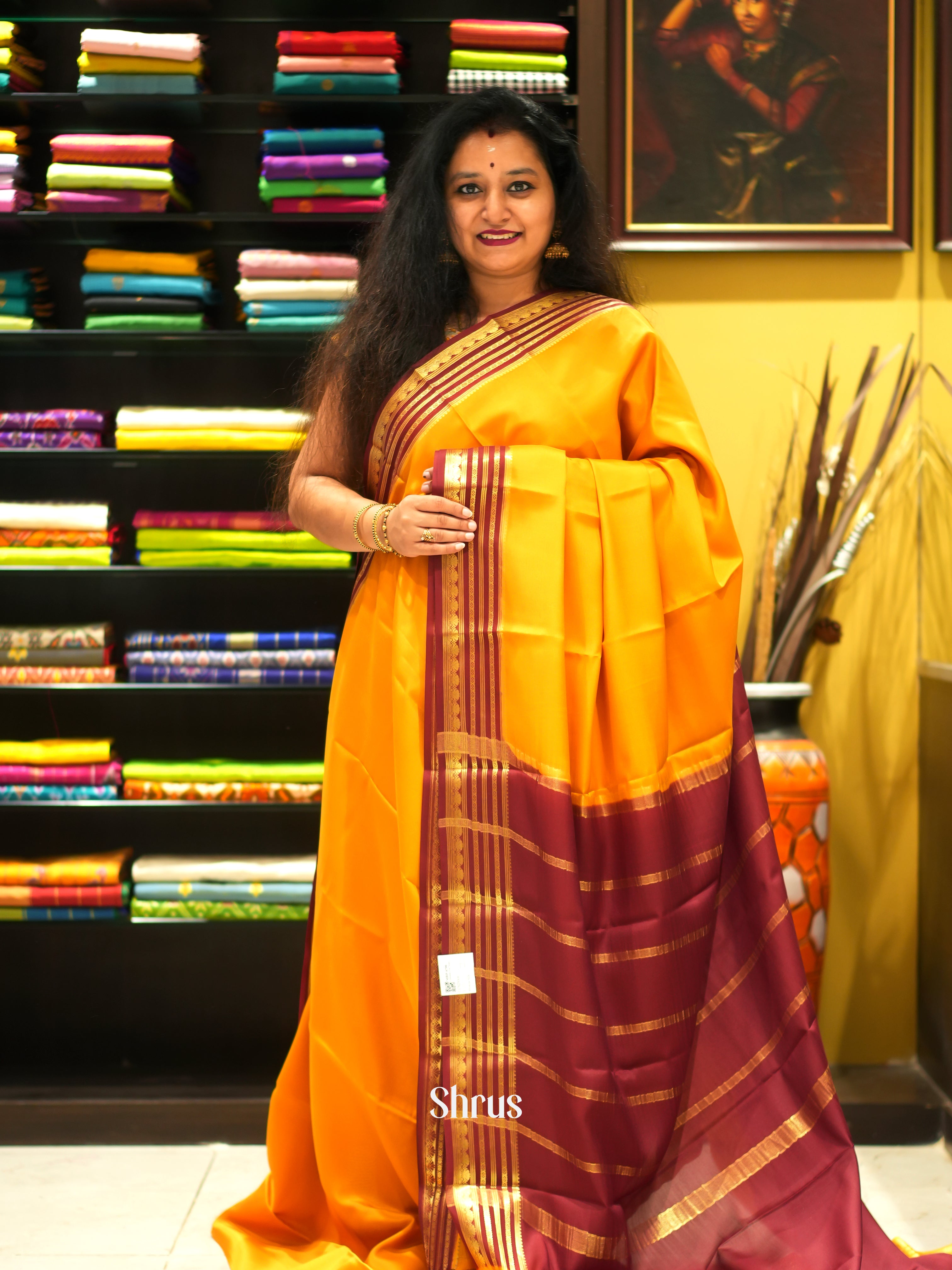 Mustard And Maroon-Mysore Silk Saree - Shop on ShrusEternity.com