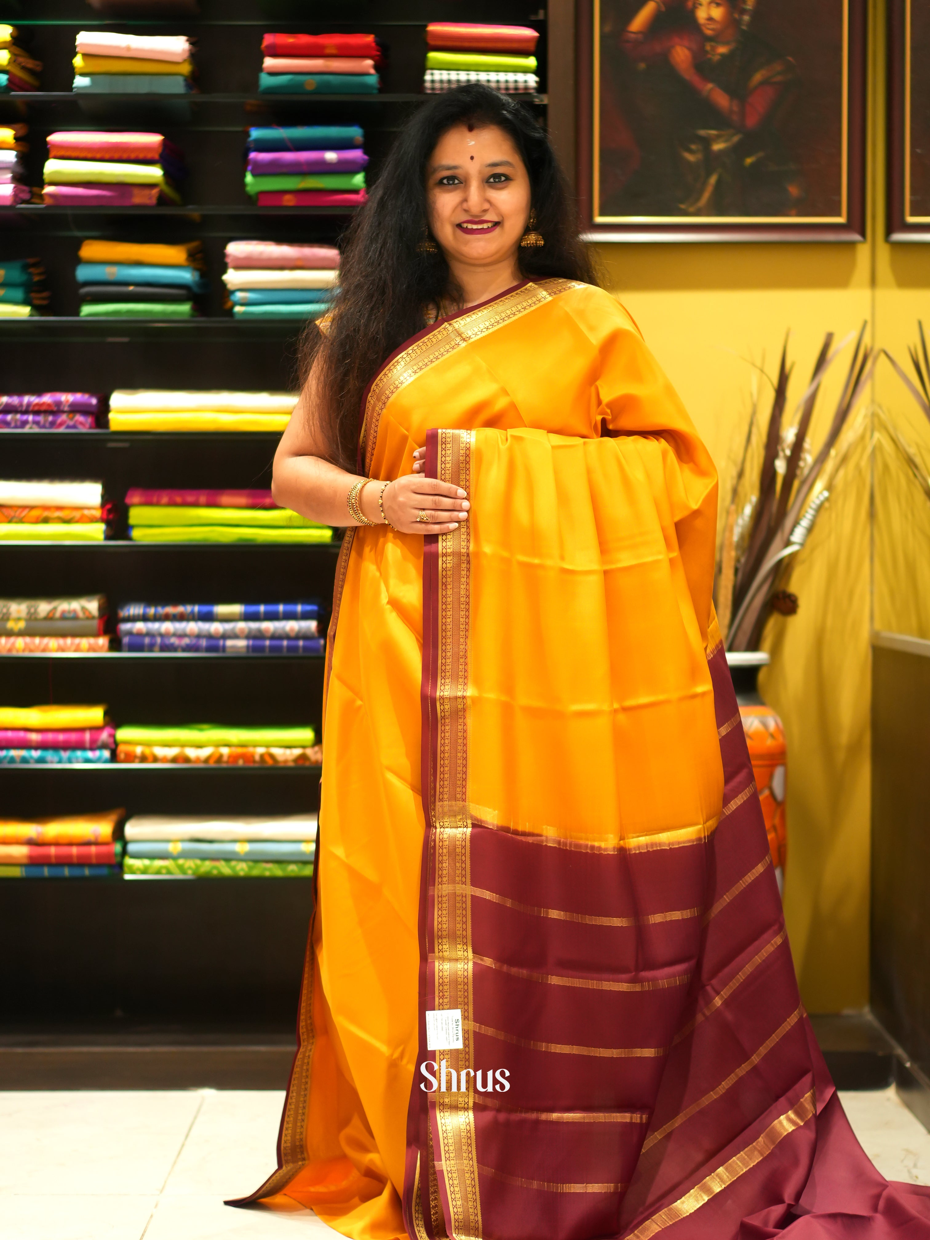 Mustard And Maroon- Mysore Silk Saree - Shop on ShrusEternity.com