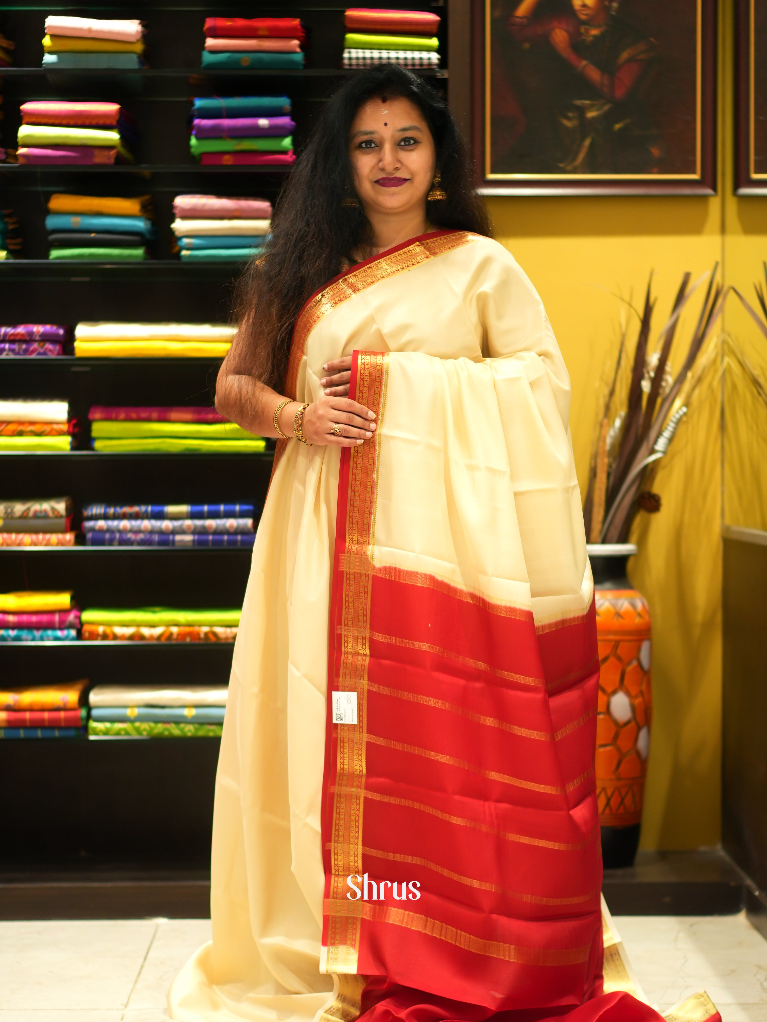 Cream And Red- Mysore Silk Saree - Shop on ShrusEternity.com
