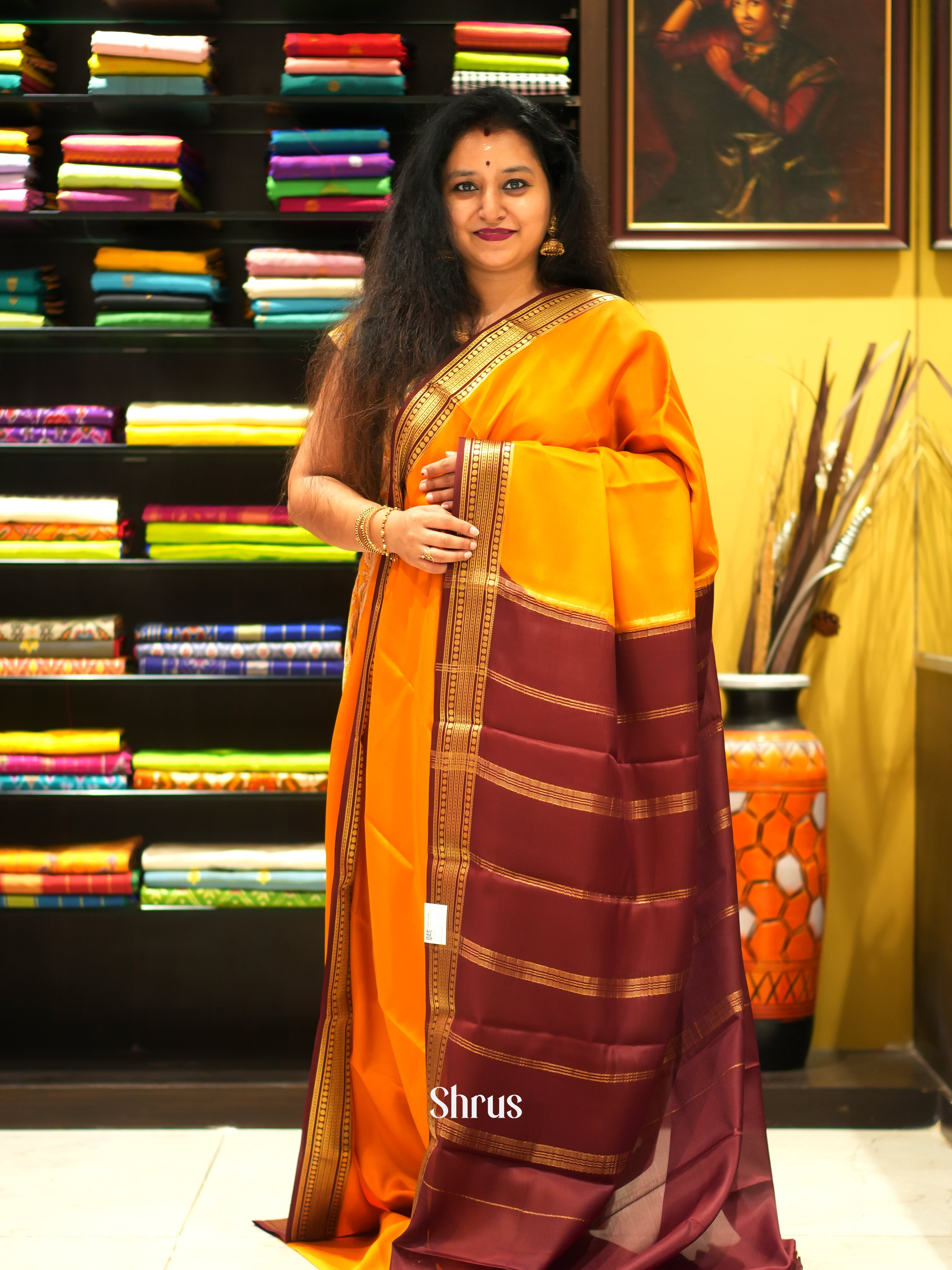 Mustard And Brown- Mysore Silk Saree - Shop on ShrusEternity.com