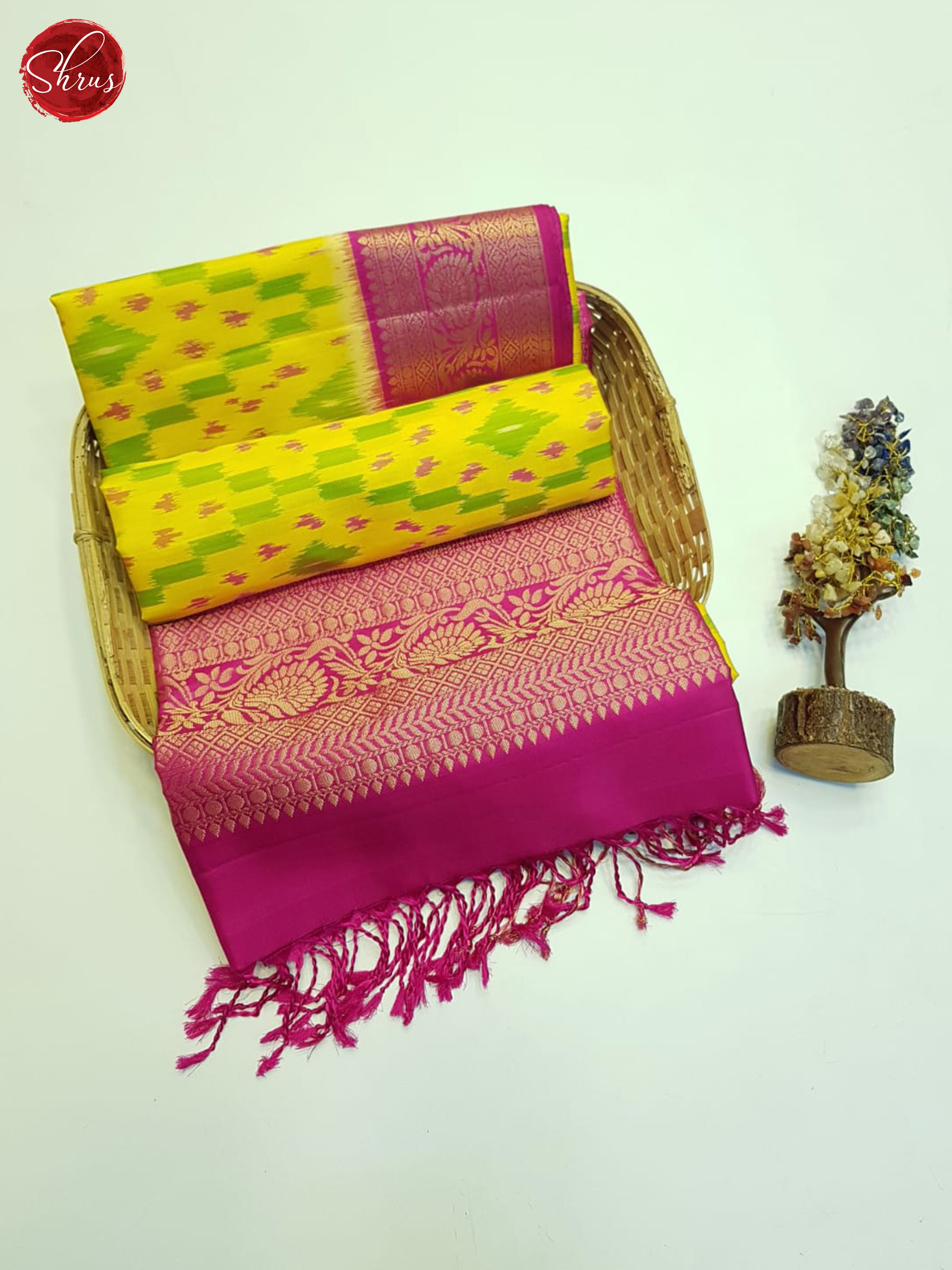 Yellow & Pink- Soft Silk Saree - Shop on ShrusEternity.com