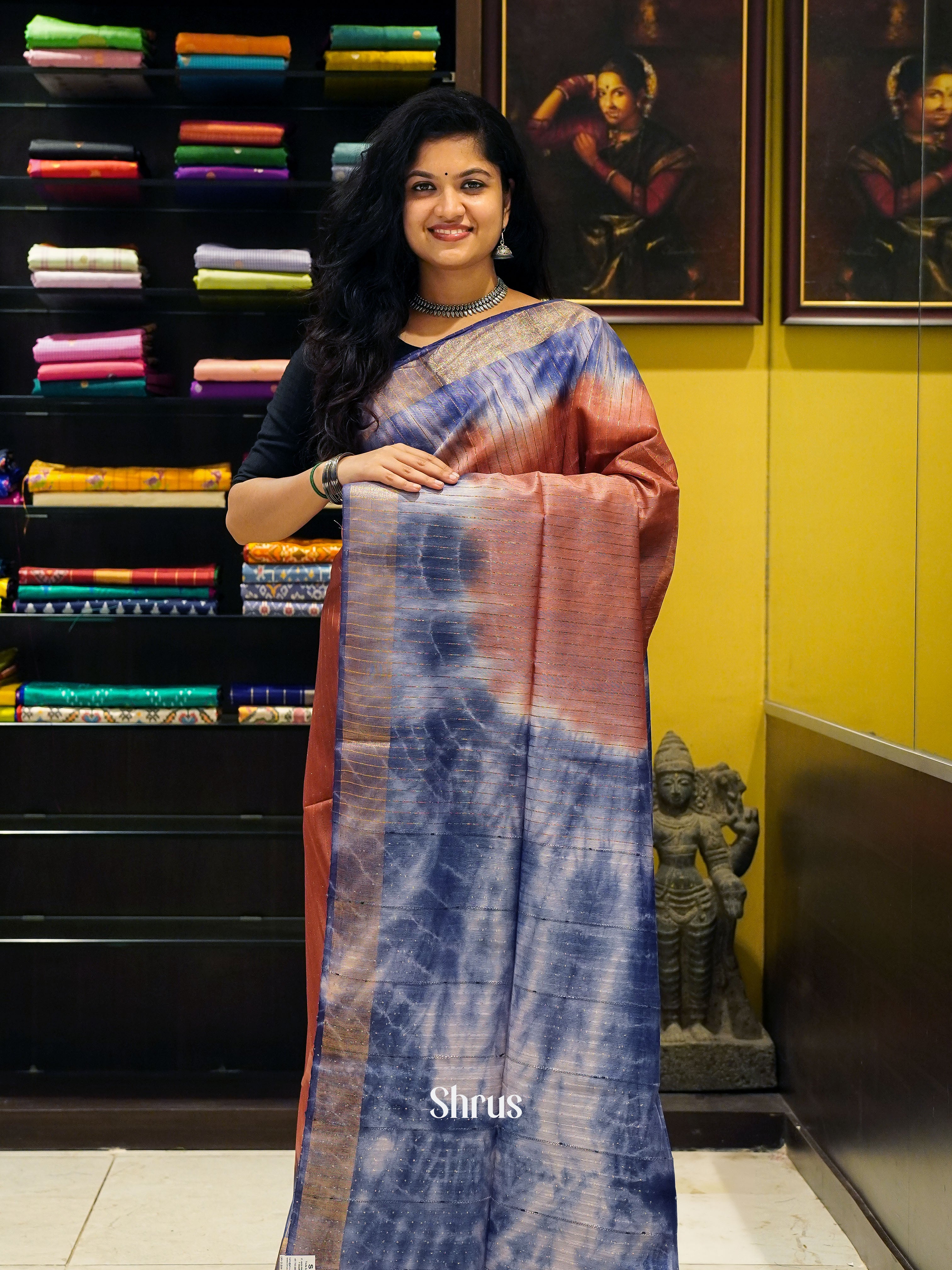 Brown And Blue- Shibori Saree - Shop on ShrusEternity.com
