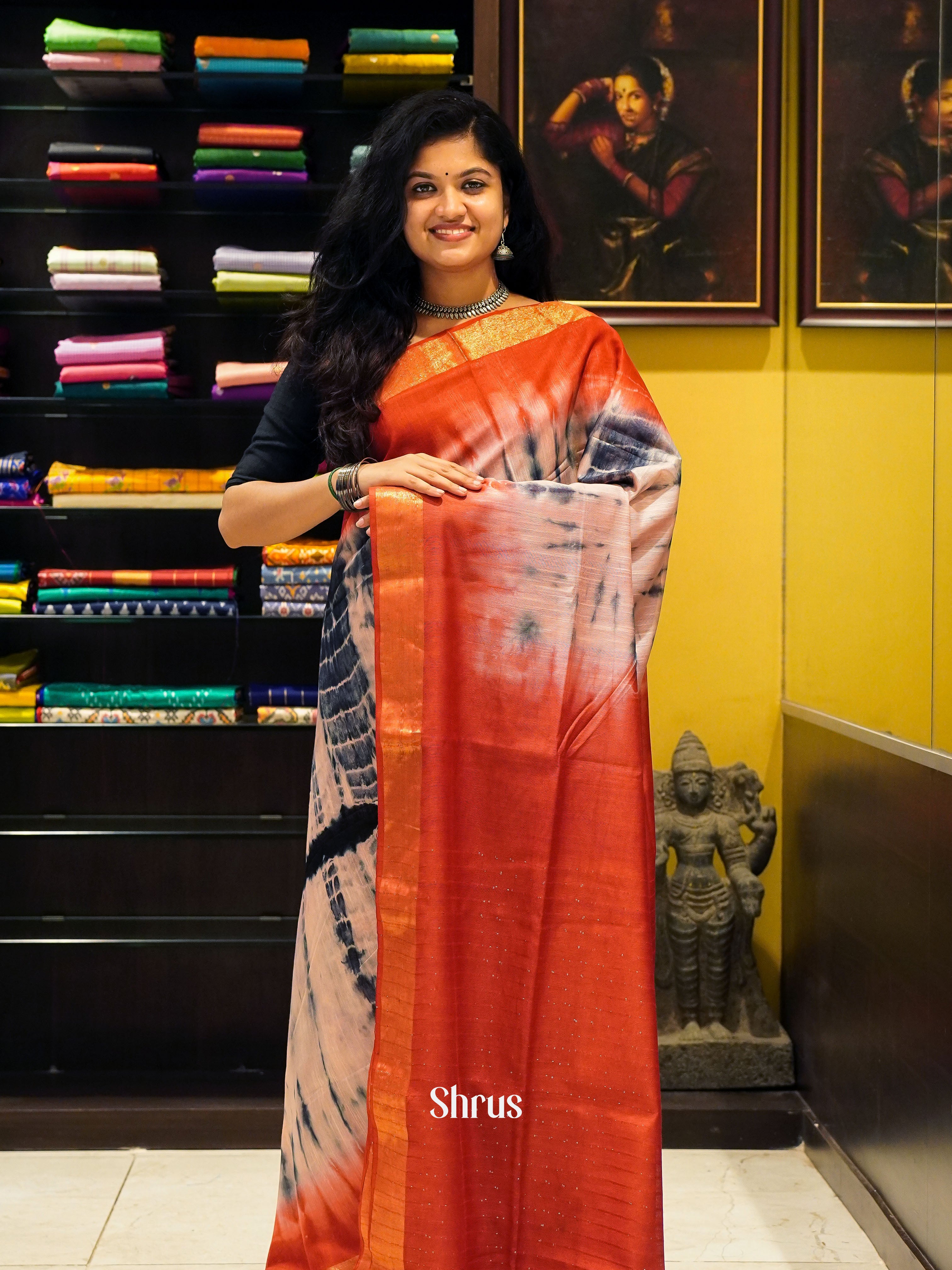 Cream And Red- Shibori Saree - Shop on ShrusEternity.com
