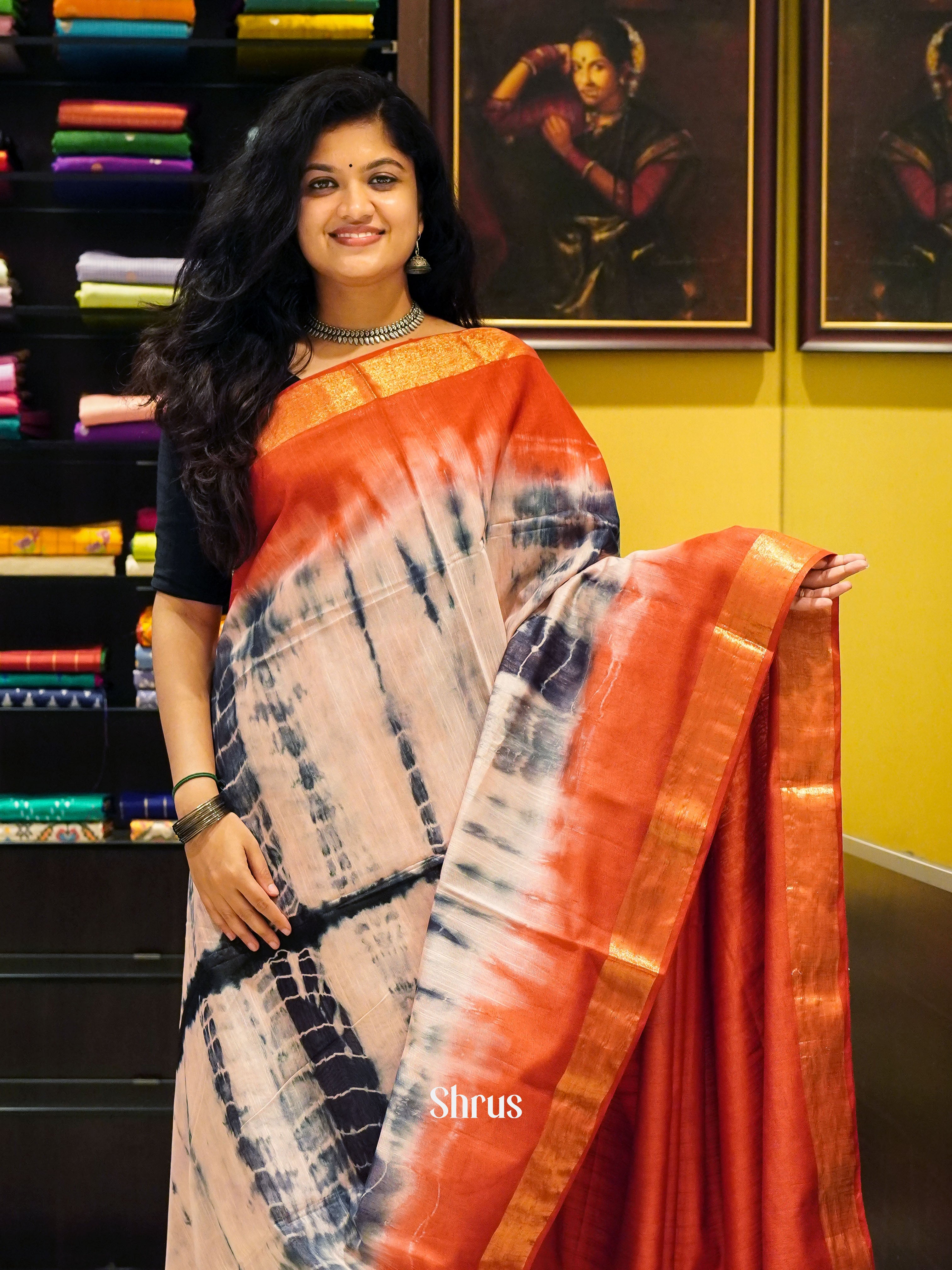 Cream And Red- Shibori Saree - Shop on ShrusEternity.com
