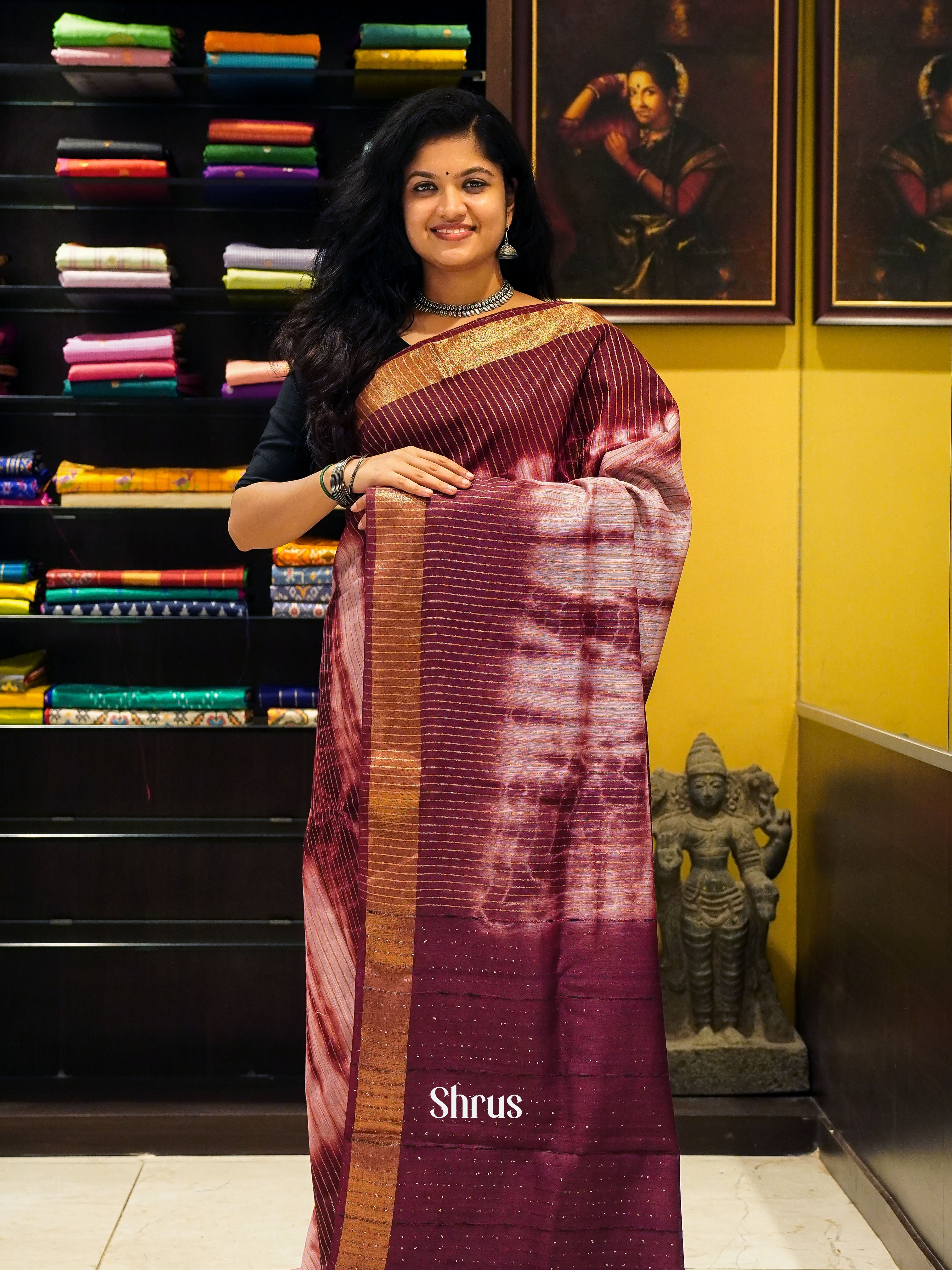 Cream & Wine- Shibori Saree - Shop on ShrusEternity.com