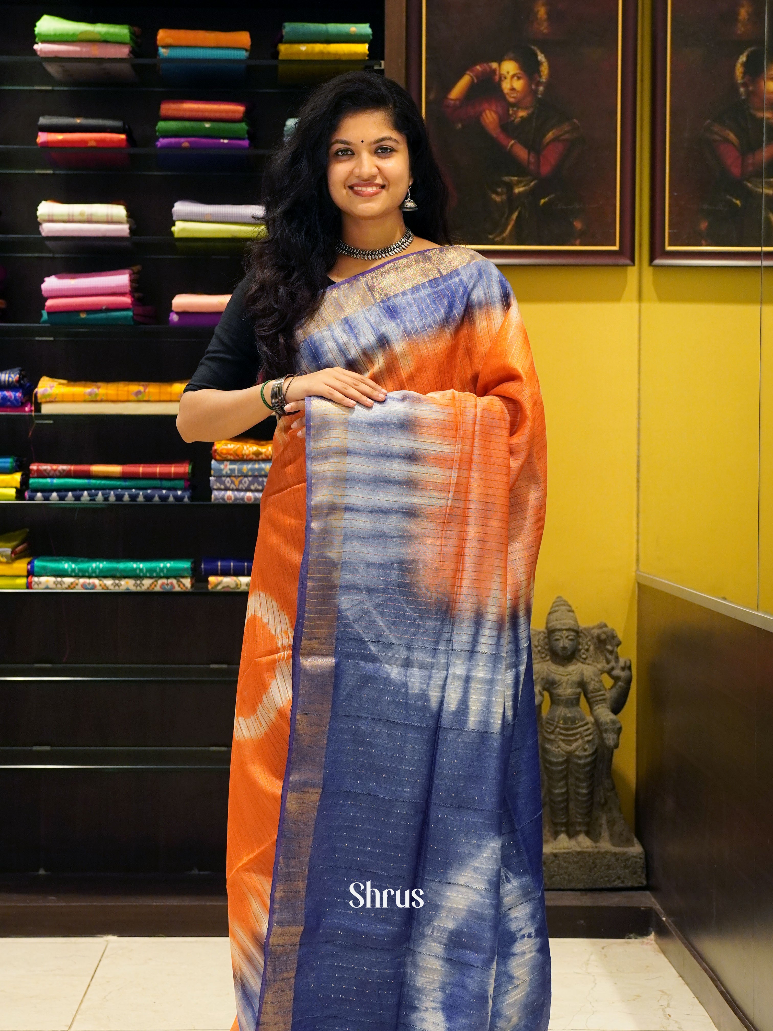 Orange & Blue - Shibori Saree - Shop on ShrusEternity.com