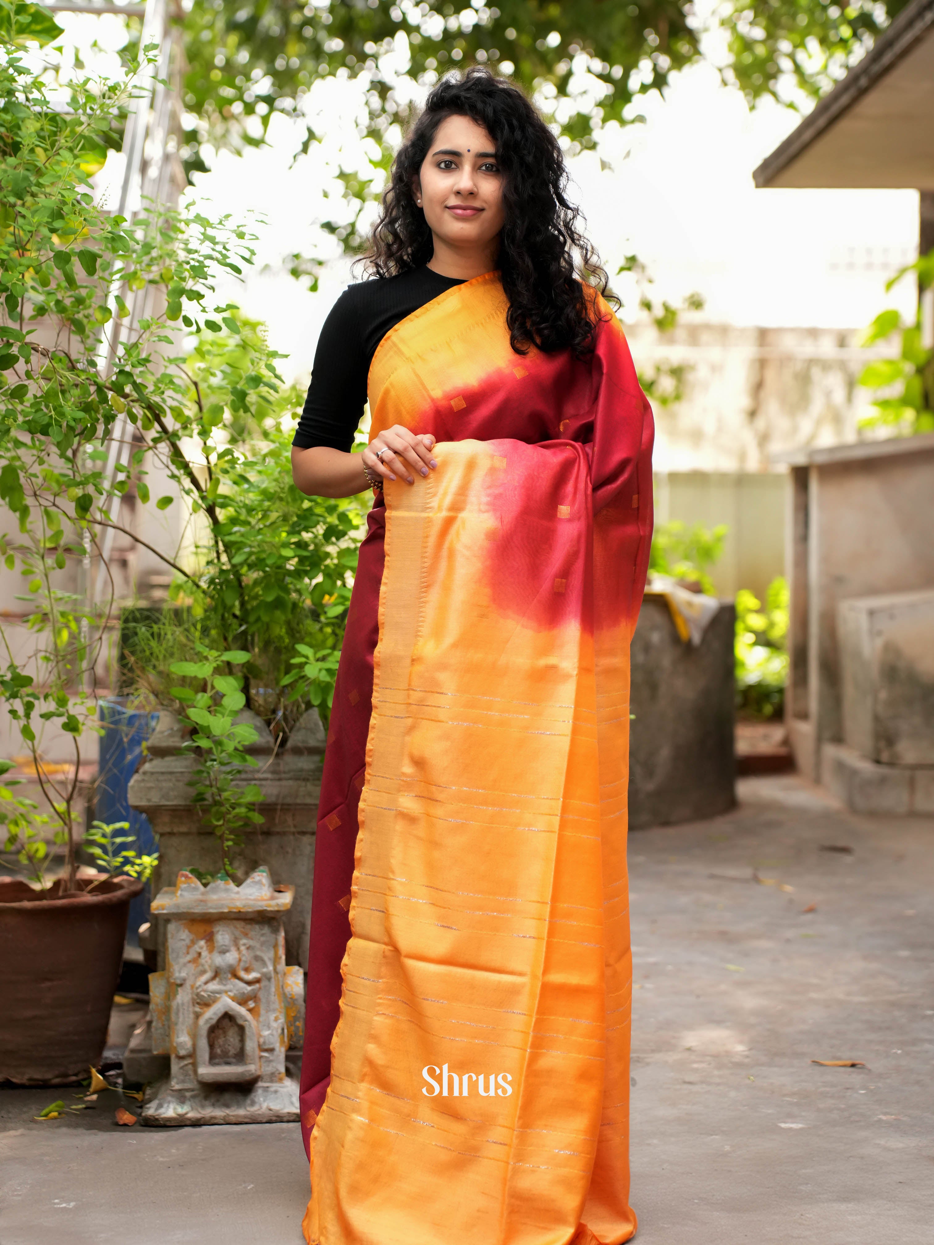 Red & Yellow - Semi Tussar Saree - Shop on ShrusEternity.com
