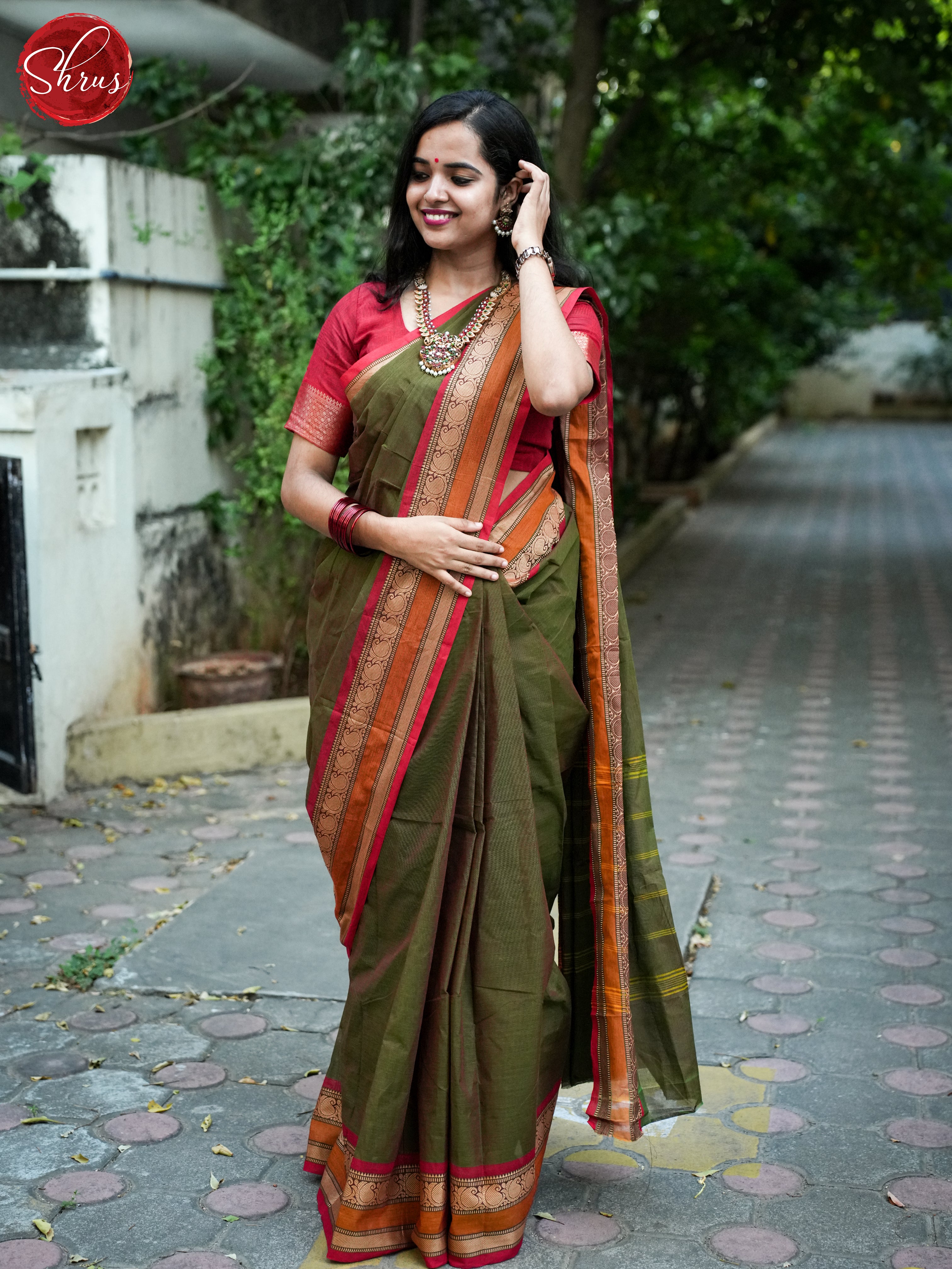 Double Shaded Greenish Brown & Red - Chettinad Cotton Saree - Shop on ShrusEternity.com