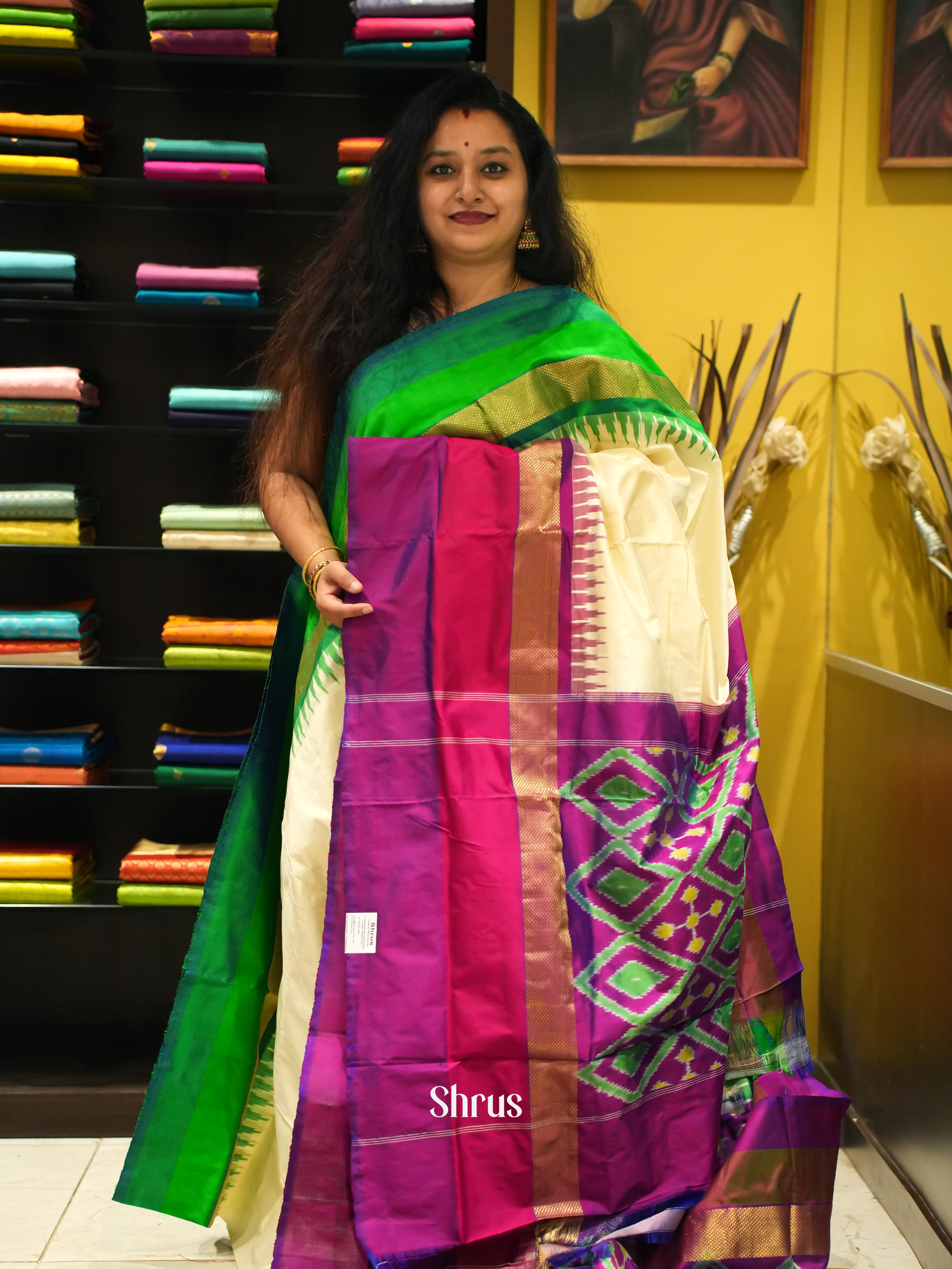 Cream Ganga Jamuna - Ikkat Silk Saree - Shop on ShrusEternity.com