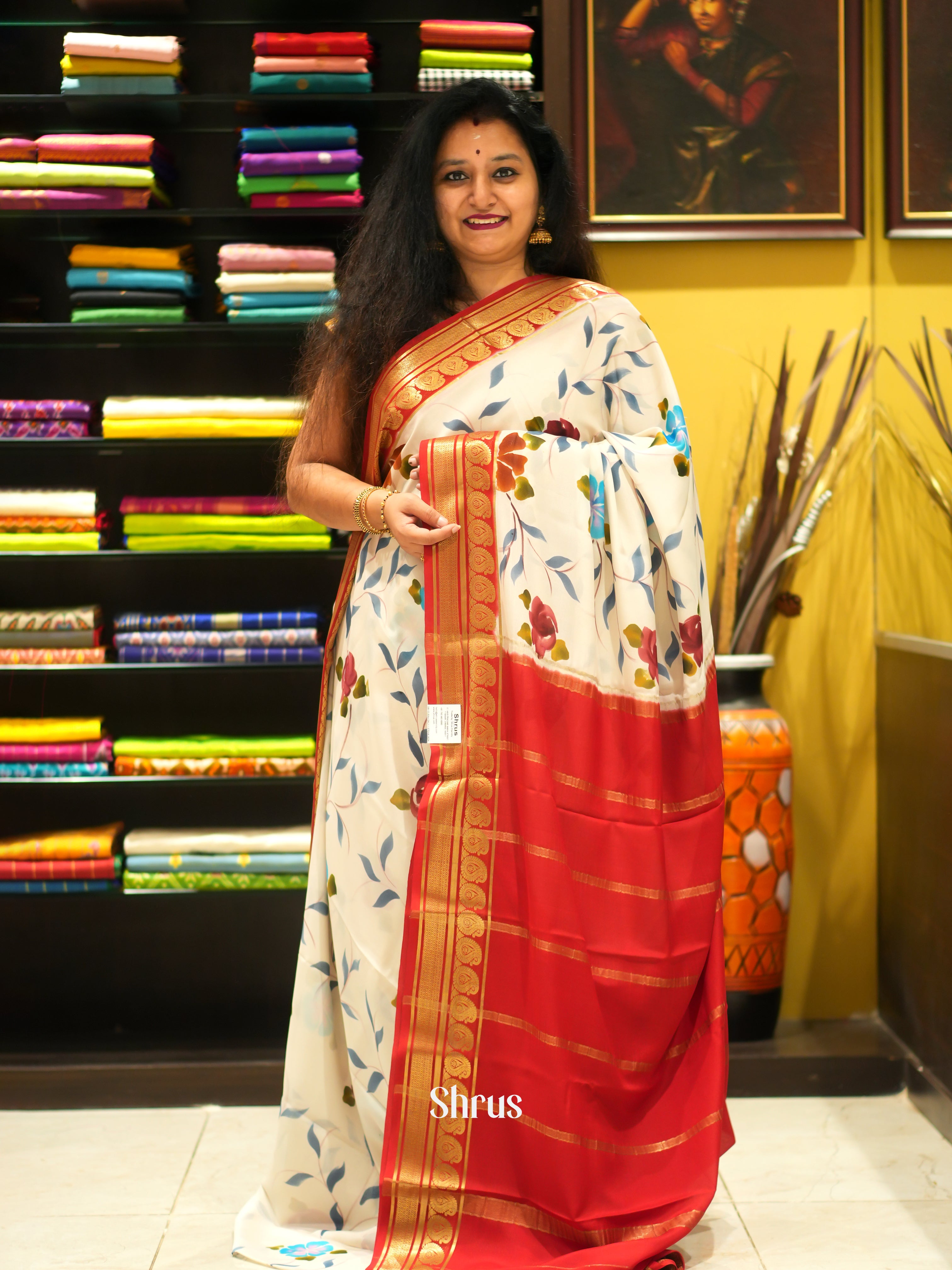 Cream and Red - Mysore Silk Saree - Shop on ShrusEternity.com