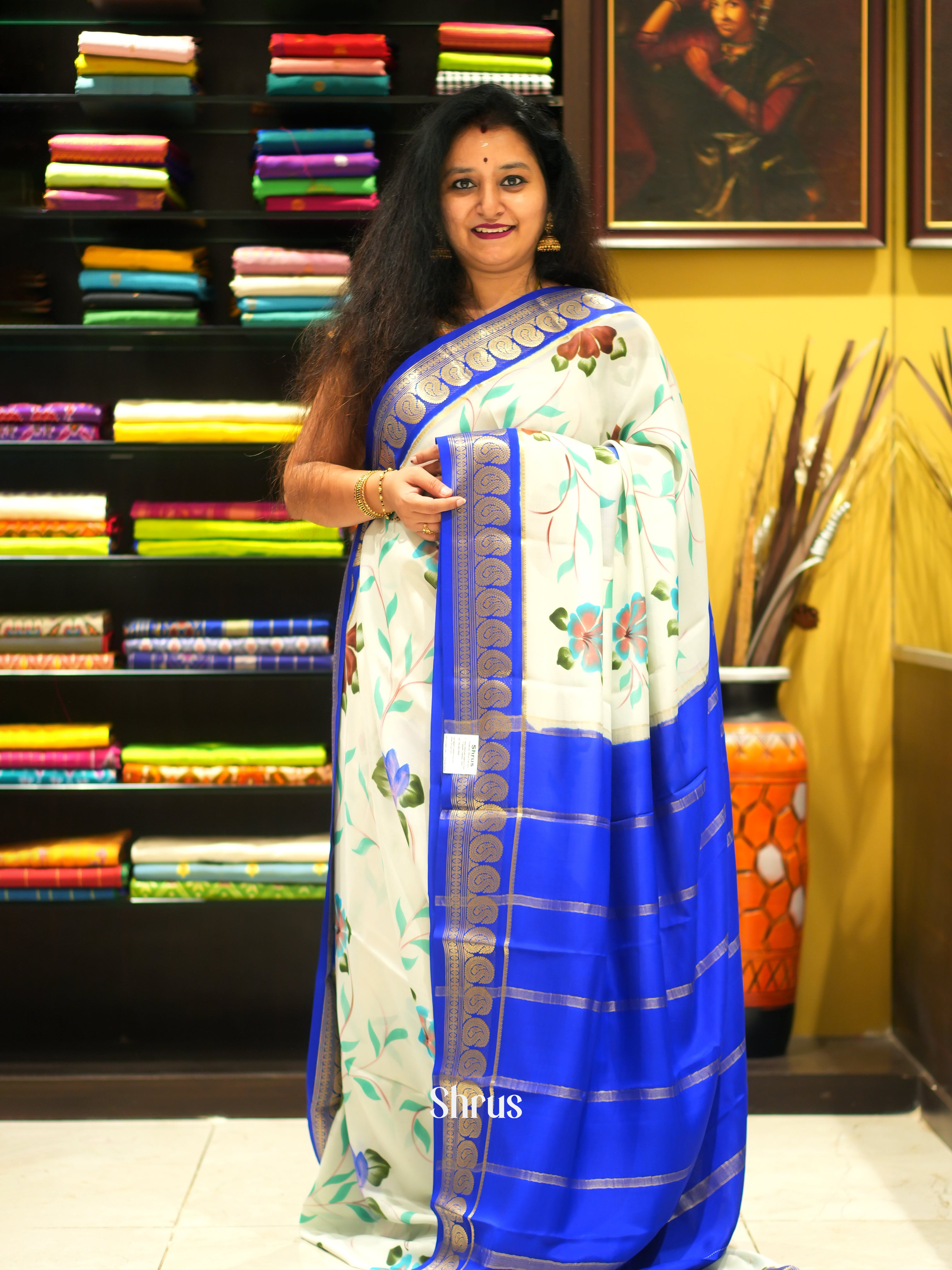 Cream and blue - Mysore Silk Saree - Shop on ShrusEternity.com
