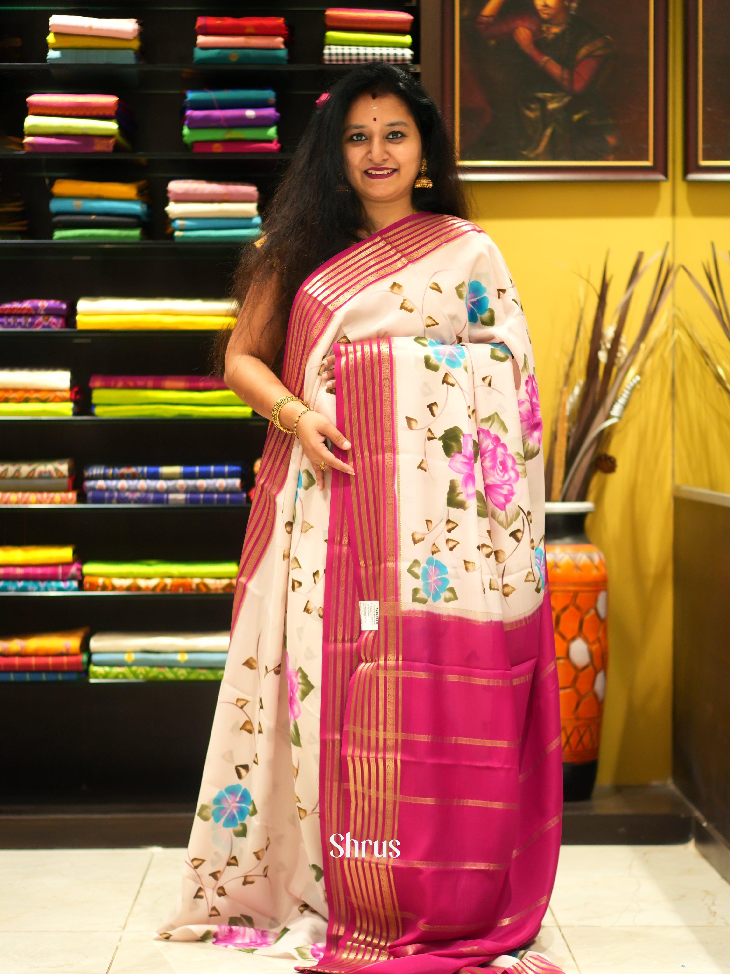 Cream and Pink- Mysore Silk Saree - Shop on ShrusEternity.com
