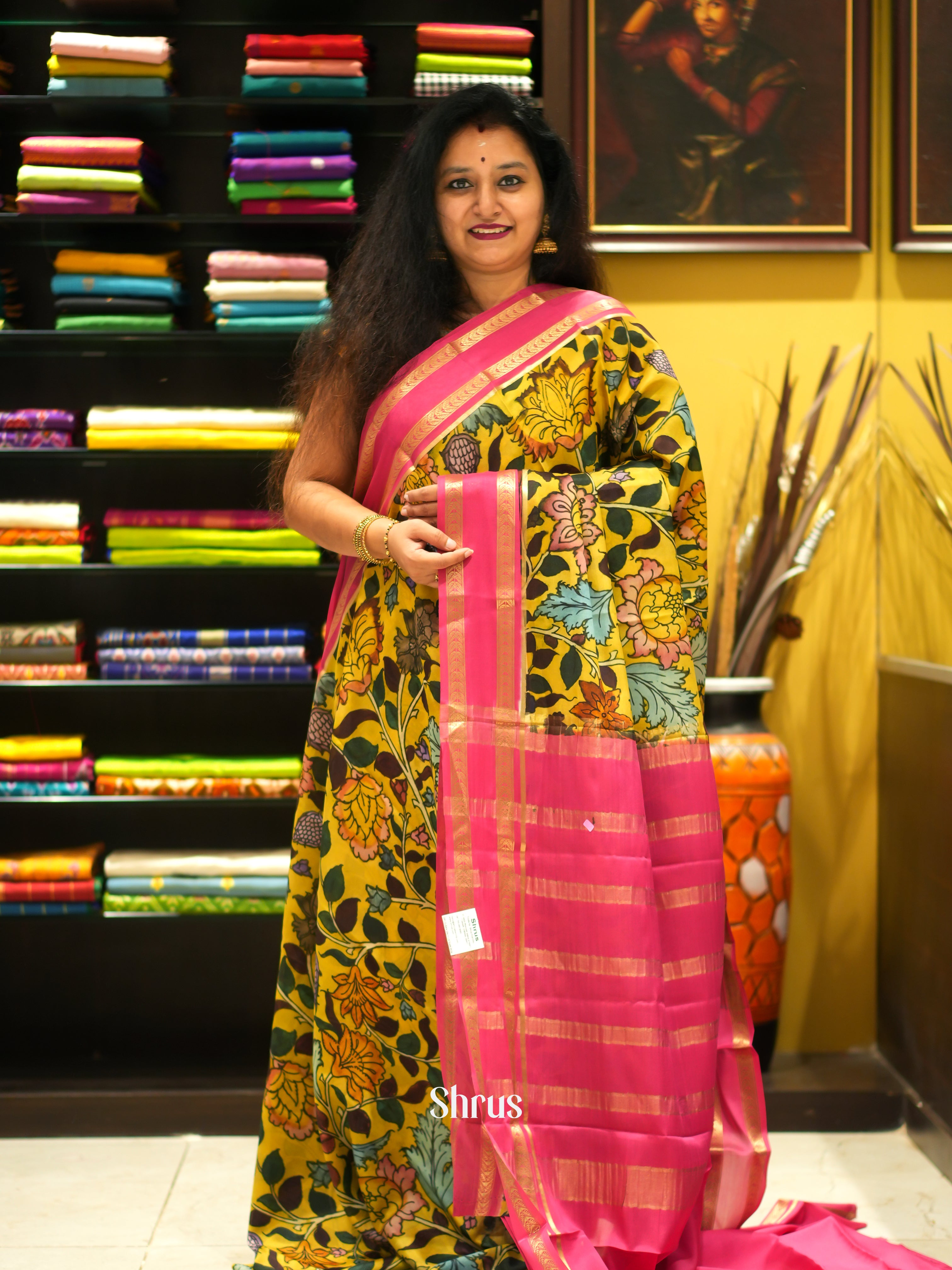 Mustard and Pink- Mysore Silk Saree - Shop on ShrusEternity.com