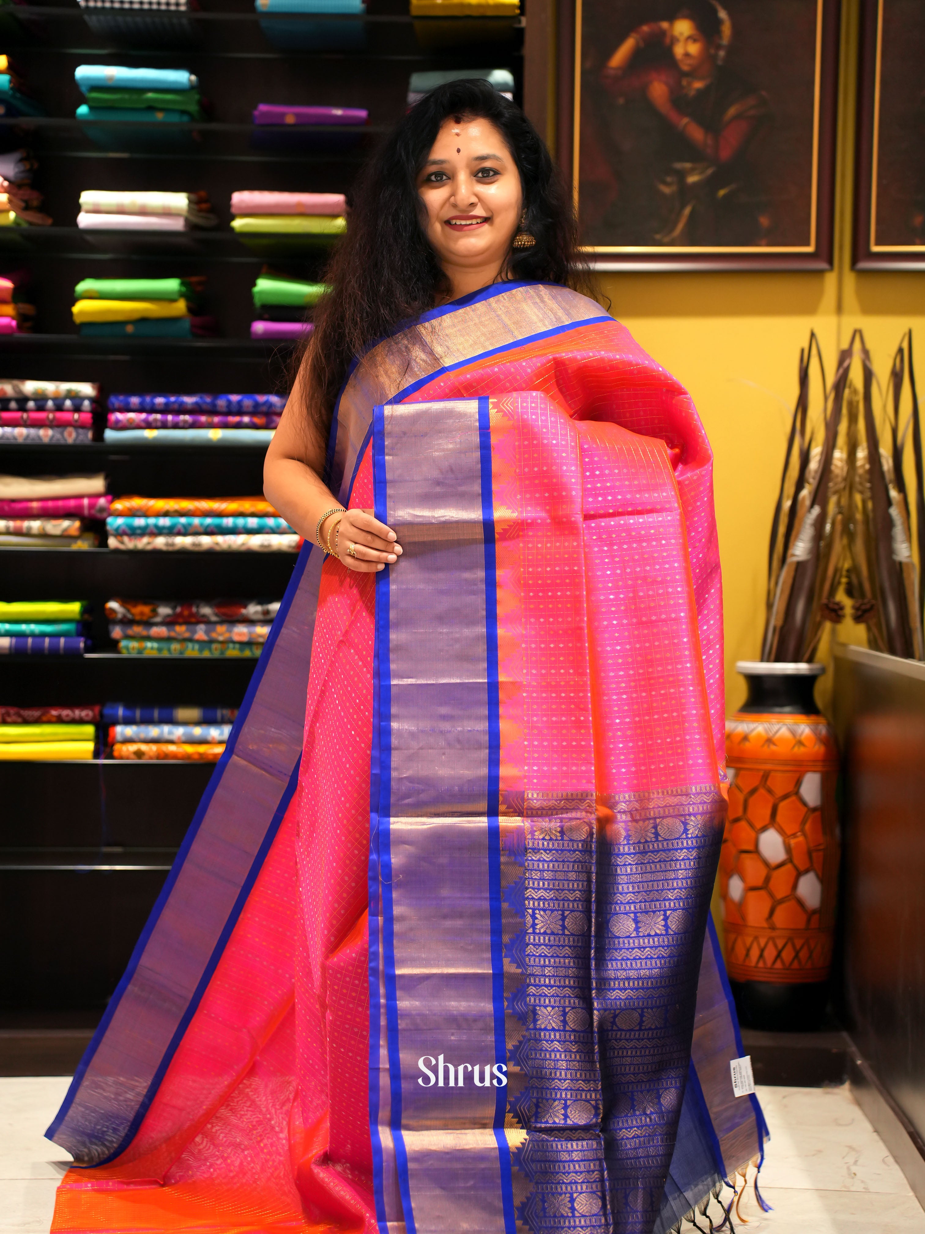 Pink & Blue- Silk Cotton Saree - Shop on ShrusEternity.com