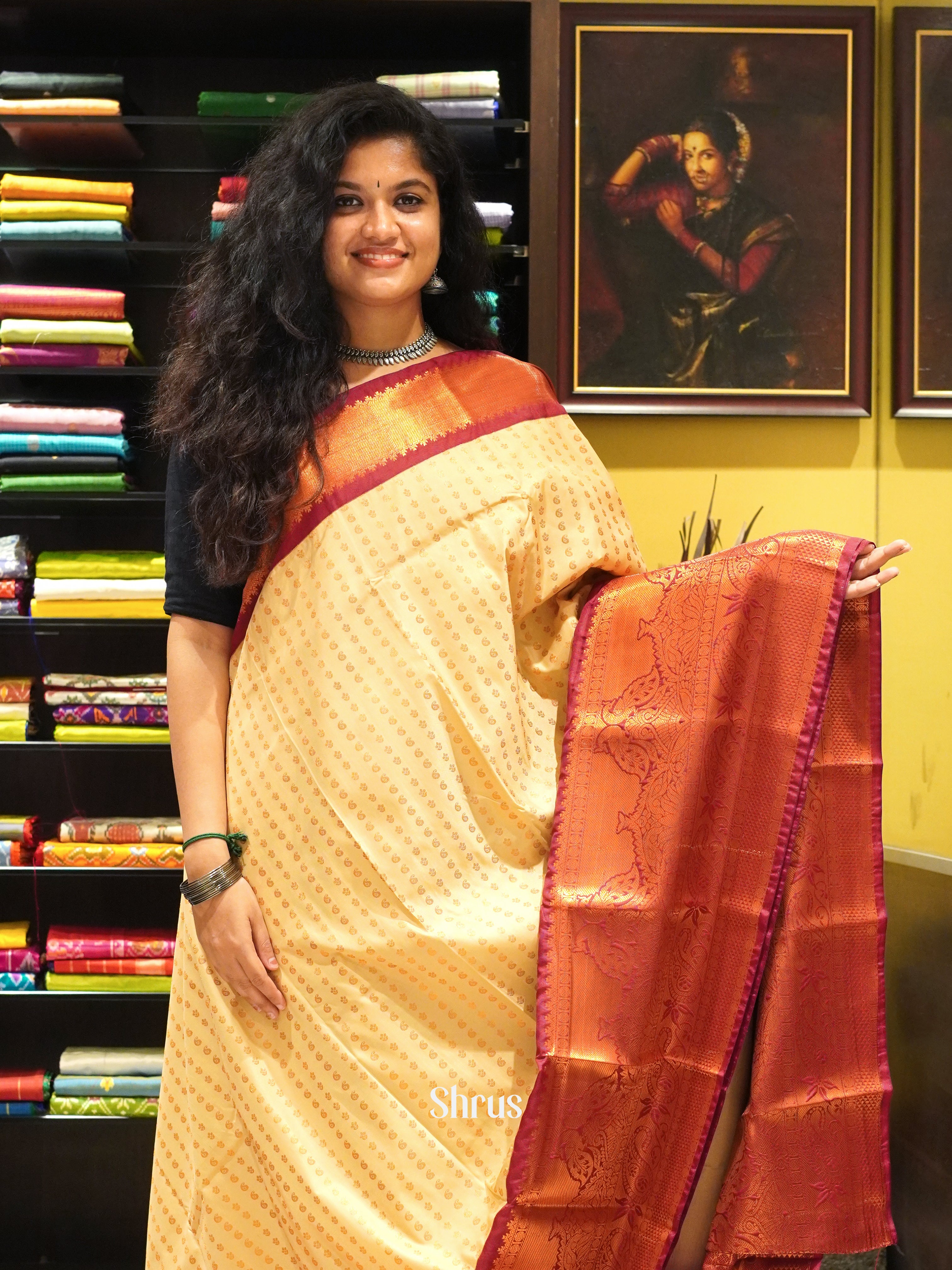 Beige & Maroon - Semi Kanchipuram Saree - Shop on ShrusEternity.com